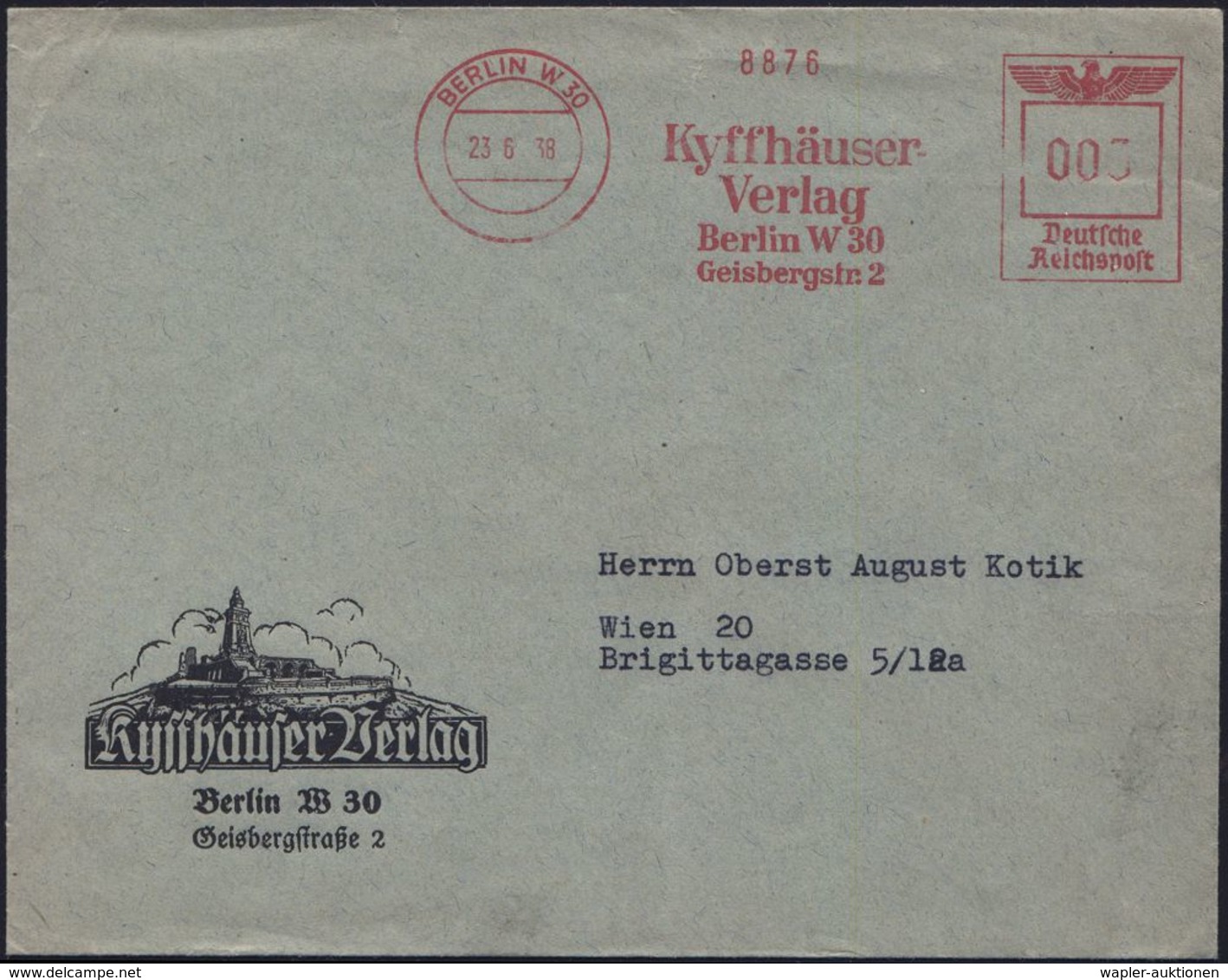 VETERANENVERBÄNDE (1919-39) : BERLIN W30/ Kyffhäuser-/ Verlag 1938 (23.6.) AFS Auf Reklame-Bf.: Kyffhäuser Verlag = Verl - Autres & Non Classés