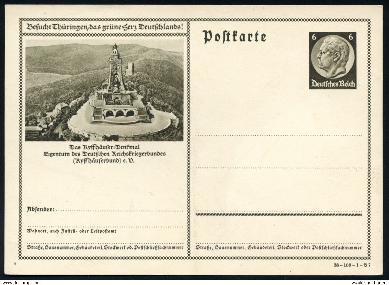 VETERANENVERBÄNDE (1919-39) : Kyffhäuser 1938 6 Pf. BiP Hindenbg., Braun, Sonderform "Besucht Thüringen..": Das Kyffhäus - Autres & Non Classés