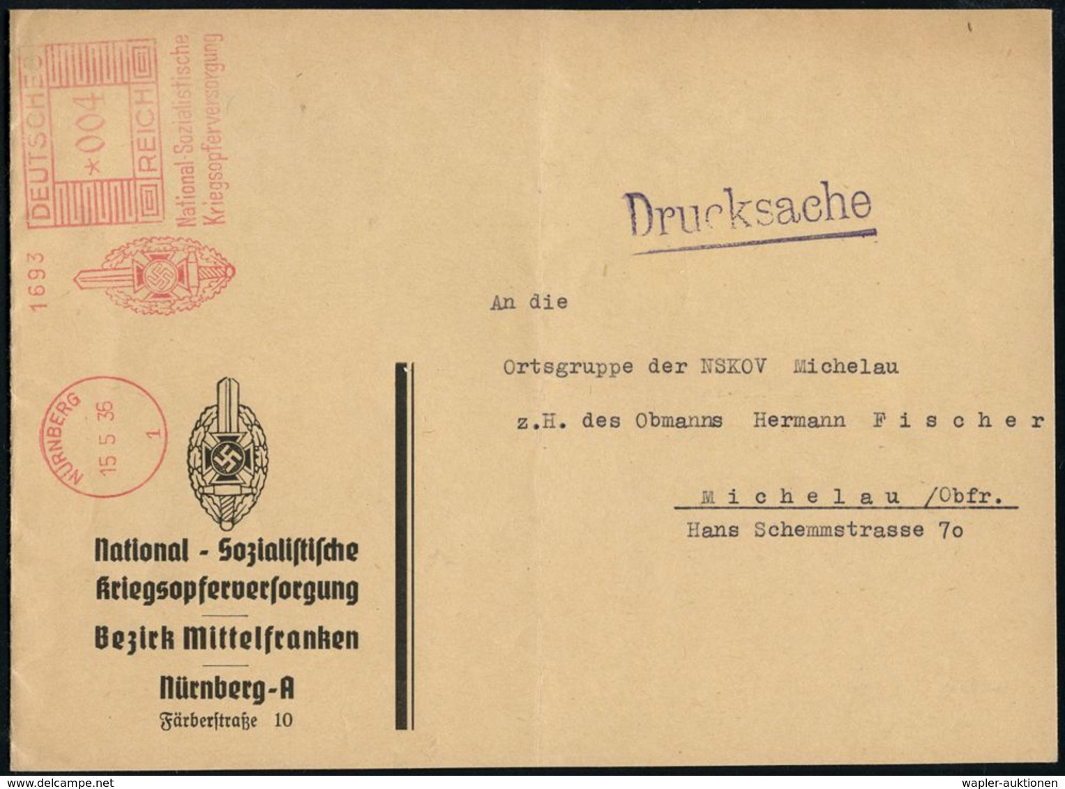VETERANENVERBÄNDE (1919-39) : NÜRNBERG/ 1/ National Sozialist./ Kriegsopferversorgung 1936 (15.5.) AFS = NSKOV-Logo (mit - Other & Unclassified