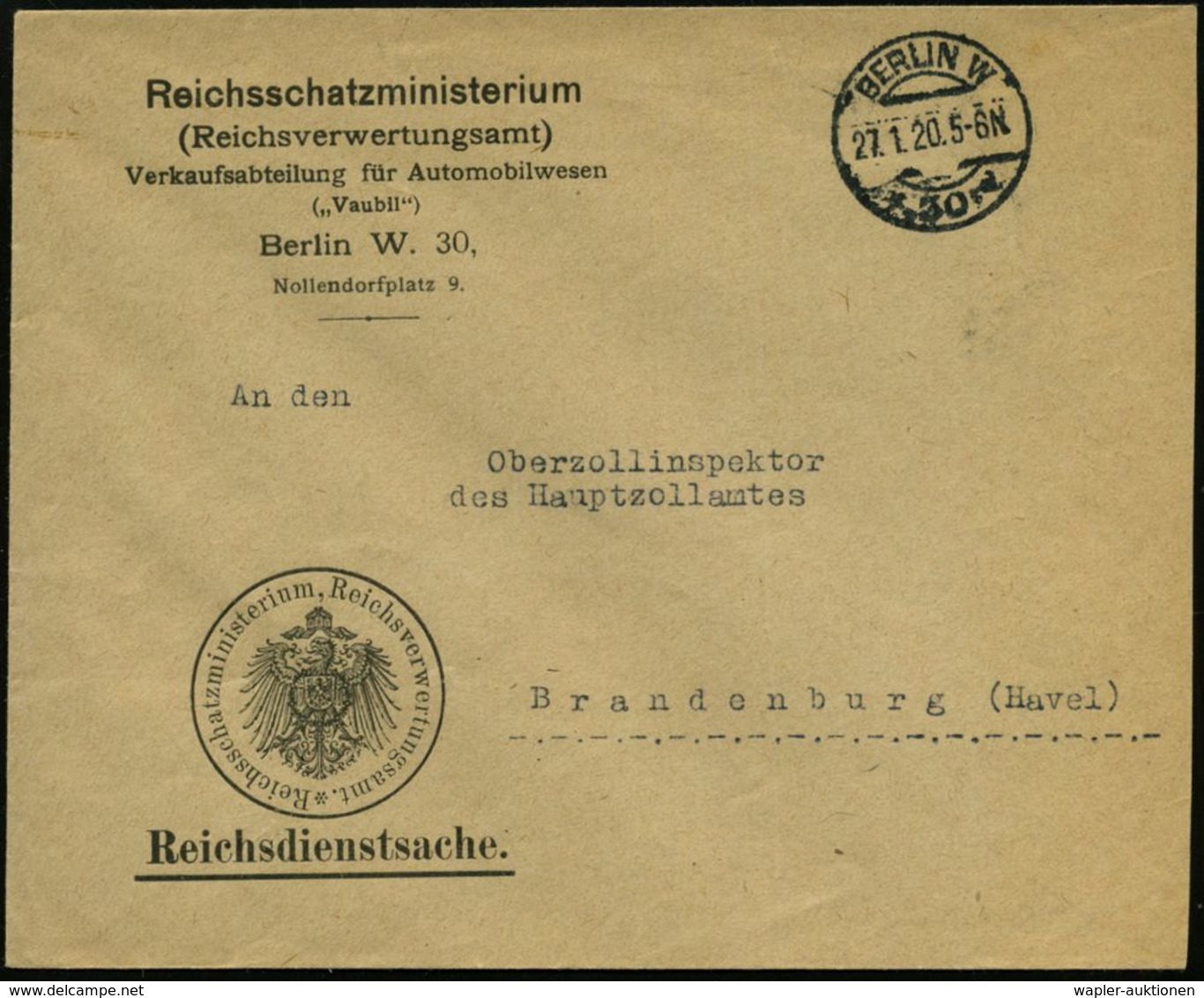 STAATL. INSTITUTIONEN DER WEIMARER REPUBLIK : BERLIN W/ *30/ D 1920 (27.1.) 1K-Brücke Auf Aptiertem Dienst-Bf.: Reichssc - Sonstige & Ohne Zuordnung