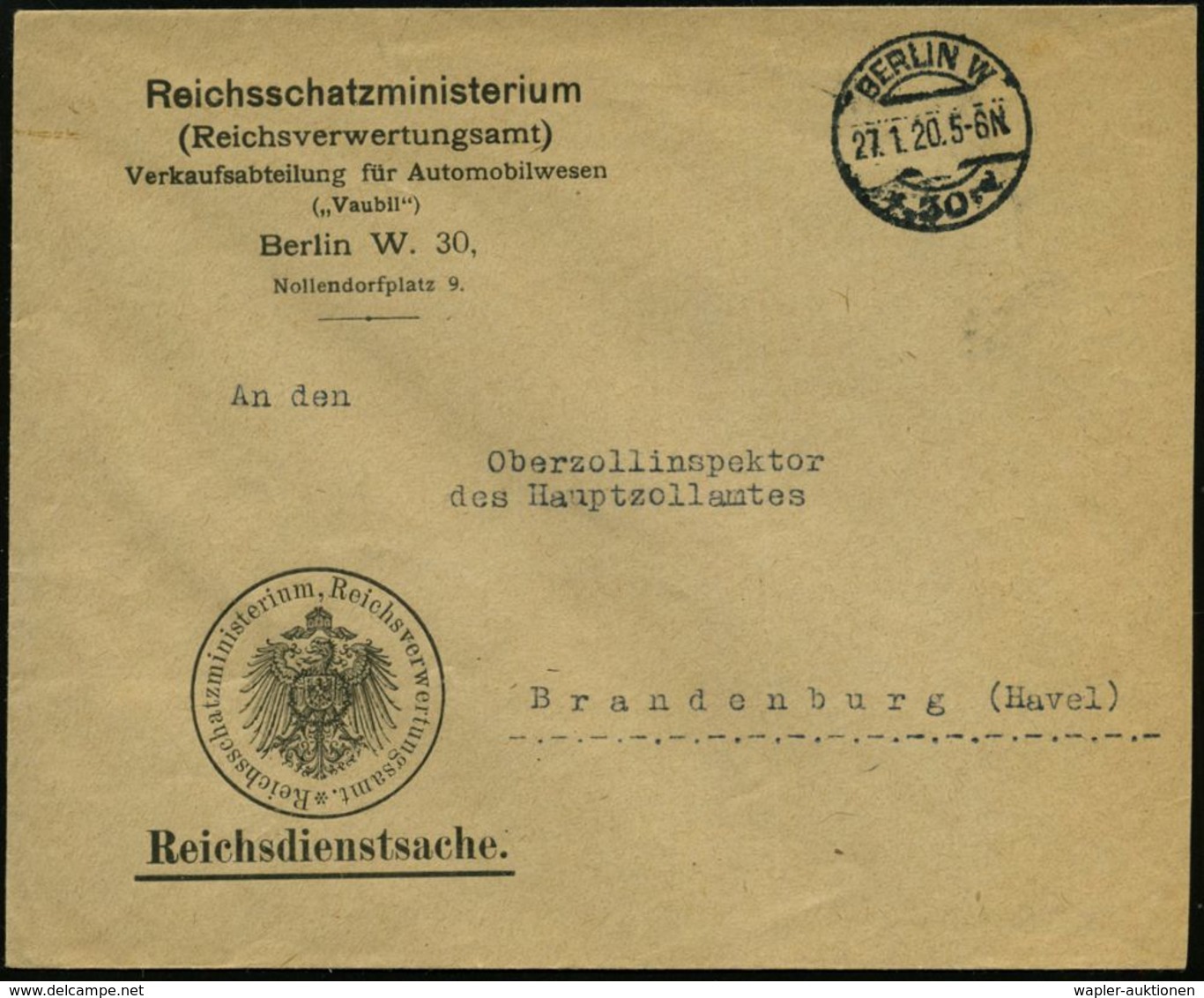 STAATL. INSTITUTIONEN DER WEIMARER REPUBLIK : BERLIN W/ *30/ D 1920 (27.1.) 1K-Brücke Auf Aptiertem Dienst-Bf.: Reichssc - Autres & Non Classés