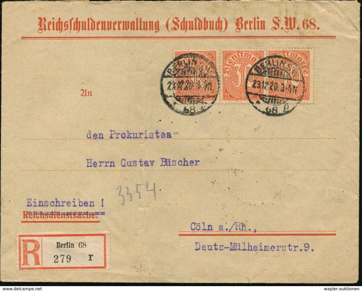 STAATL. INSTITUTIONEN DER WEIMARER REPUBLIK : BERLIN SW/ *68p 1920 (23.12.) 1K-Gitter Auf Dienst-Bf.: Reichsschuldenverw - Autres & Non Classés