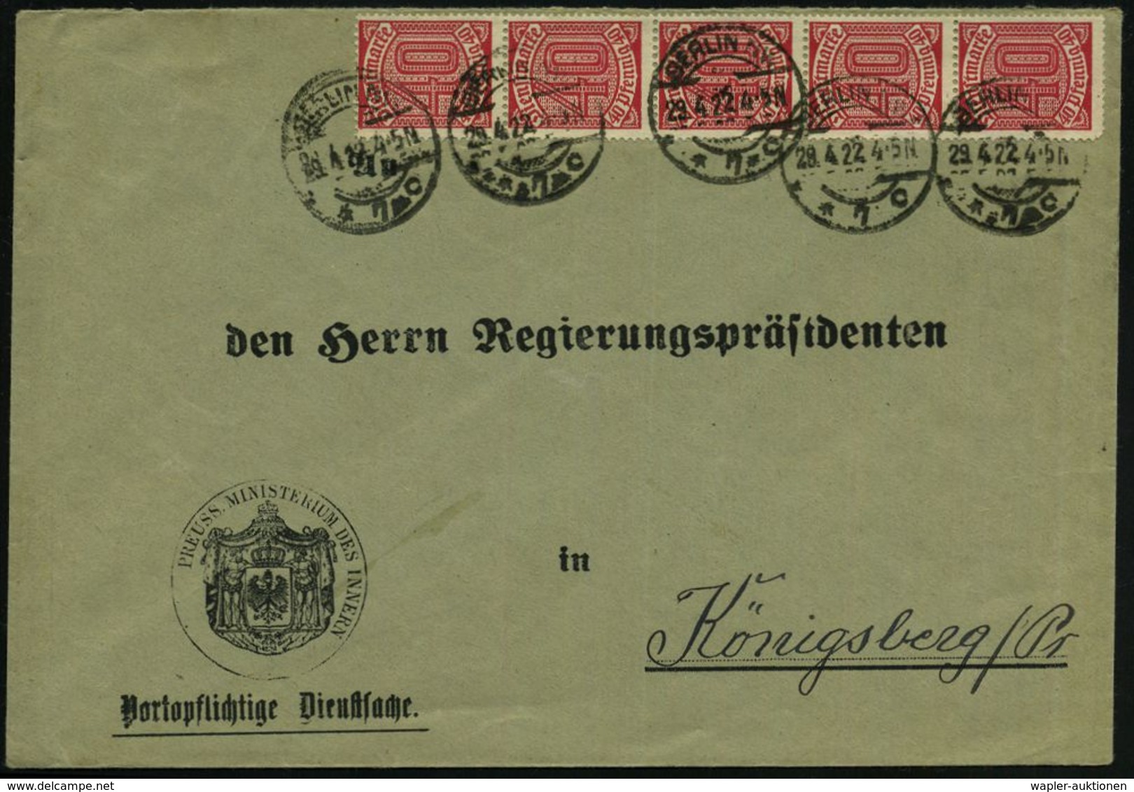 STAATL. INSTITUTIONEN DER WEIMARER REPUBLIK : BERLIN NW/ *7c 1922 (28.4.) 1K-Brücke Mehrfach Auf 5er-Streifen Dienst 40  - Sonstige & Ohne Zuordnung
