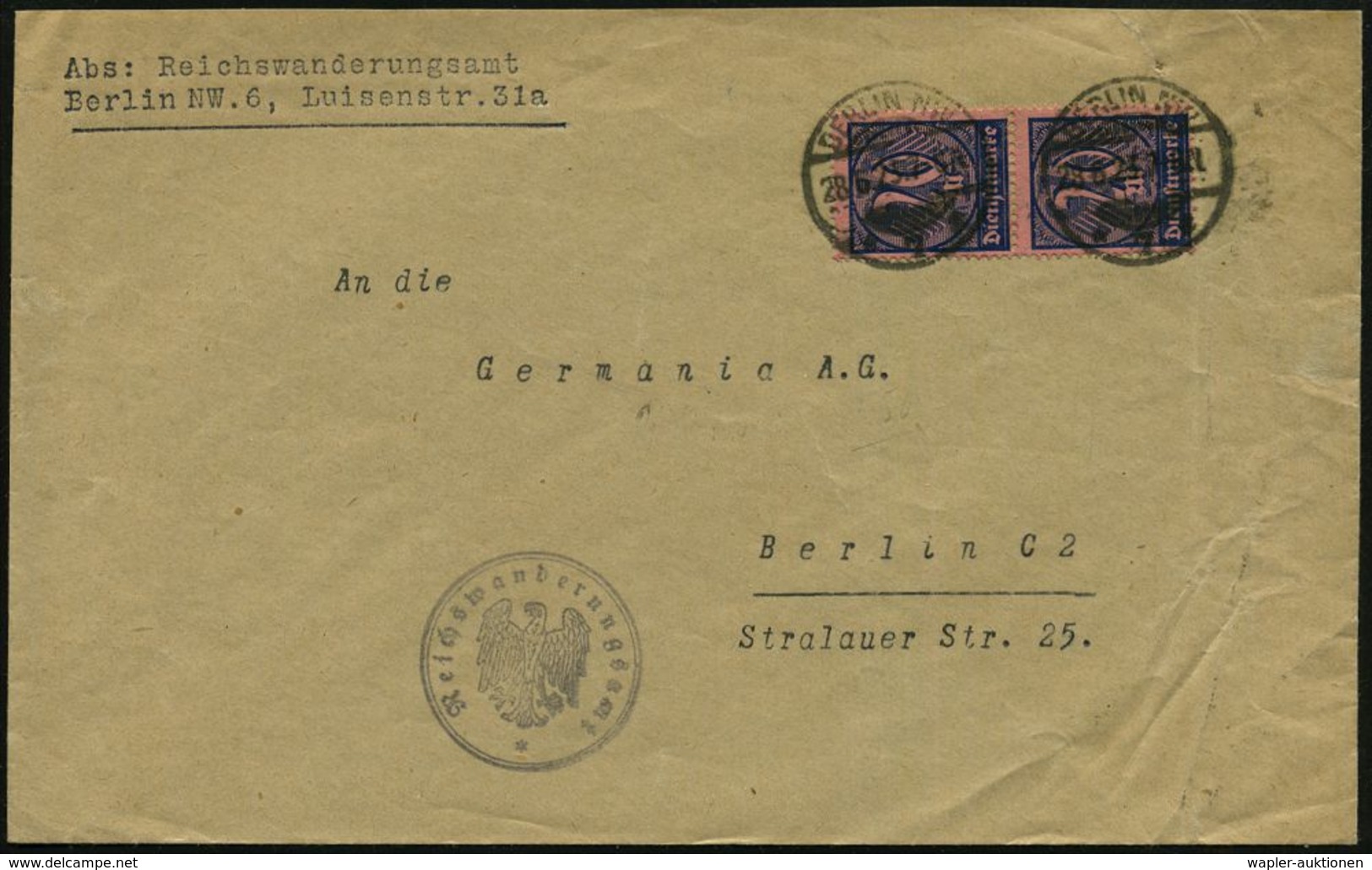 STAATL. INSTITUTIONEN DER WEIMARER REPUBLIK : BERLIN NW/ *7* 1923 (28.6.) 1K-Gitter Auf Paar 20 Mk. Dienst + 2K-HdN: Rei - Sonstige & Ohne Zuordnung