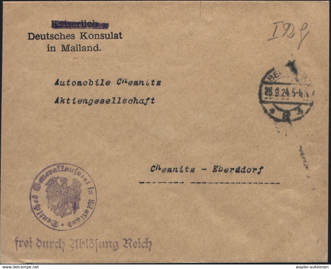 STAATL. INSTITUTIONEN DER WEIMARER REPUBLIK : BERLIN W/ *8h 1924 (26.9.) 1K-Brücke + Viol.1L: Frei Durch Ablös.Reich + H - Sonstige & Ohne Zuordnung