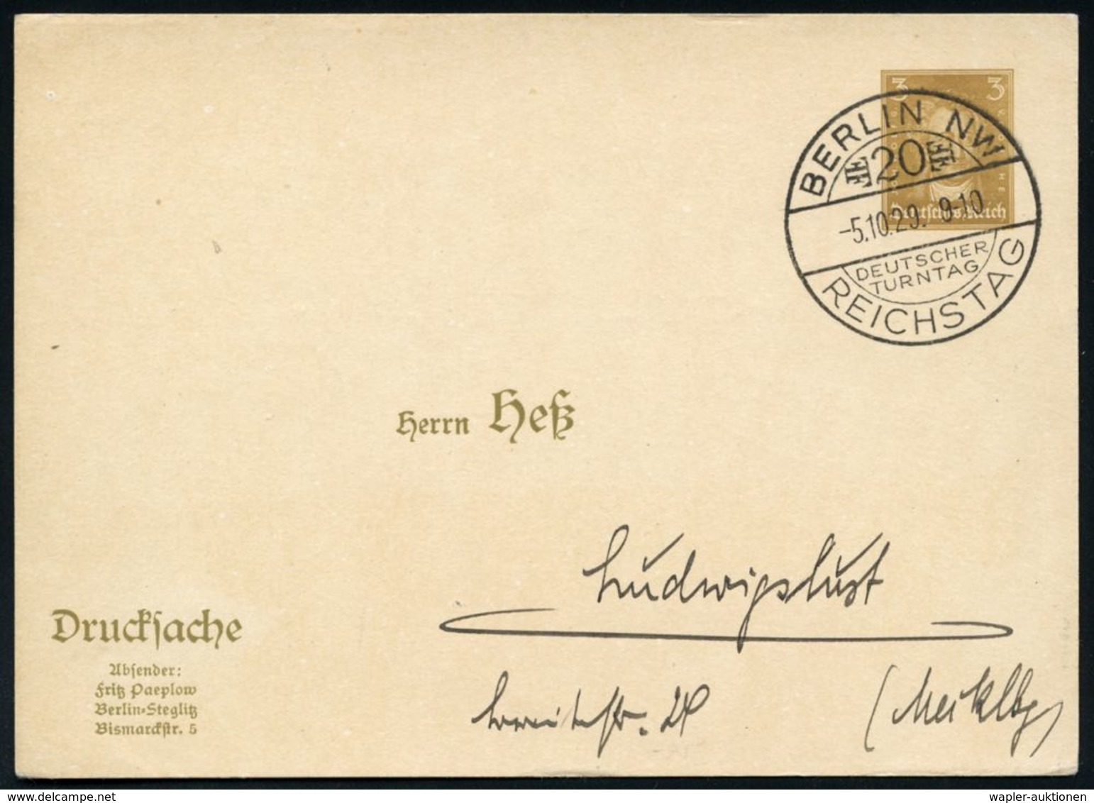STAATL. INSTITUTIONEN DER WEIMARER REPUBLIK : BERLIN NW/ REICHSTAG/ FFFF/ 20./ DEUTSCHER/ TURNTAG 1929 (5.10.) SSt Des R - Other & Unclassified