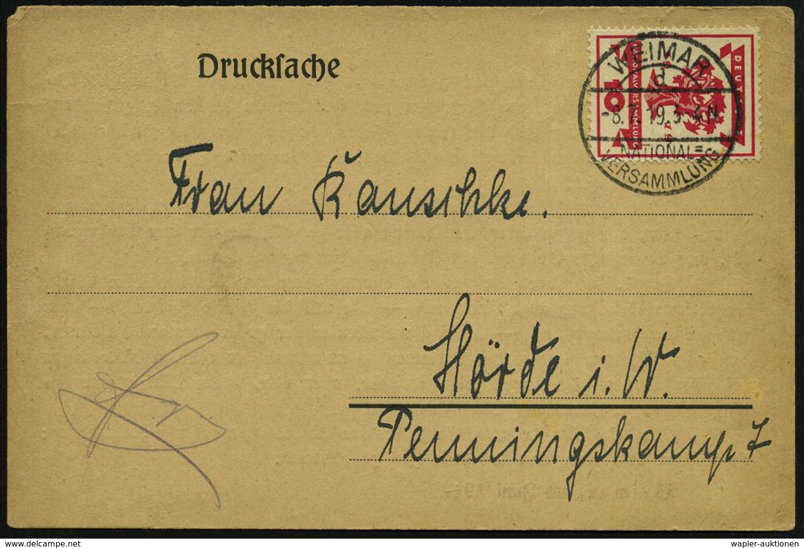 STAATL. INSTITUTIONEN DER WEIMARER REPUBLIK : WEIMAR/ D/ NATIONAL=/ VERSAMMLUNG 1919 (8.7.) SSt = Hauspostamt Parlament  - Autres & Non Classés