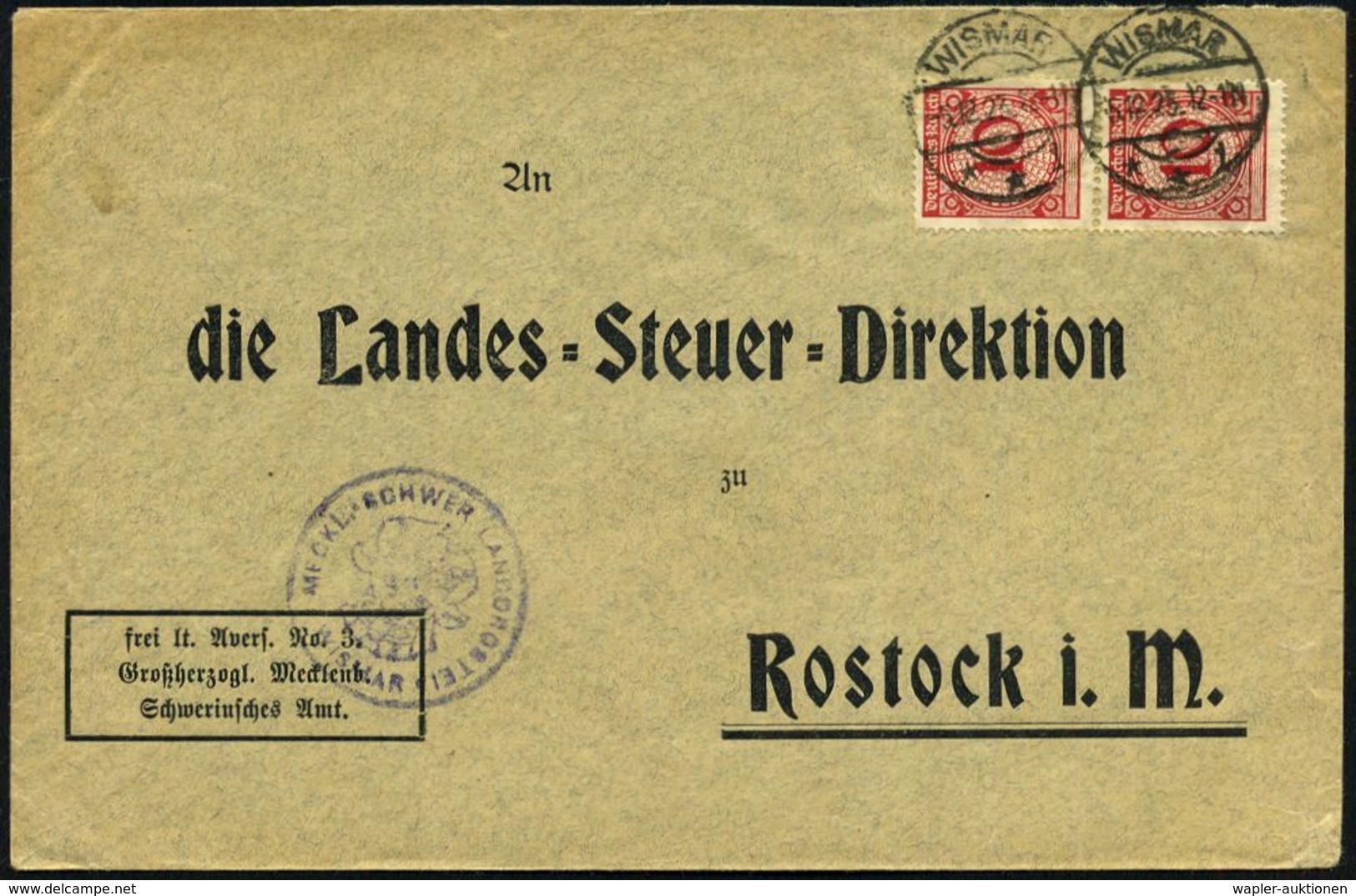 STAATL. INSTITUTIONEN DER WEIMARER REPUBLIK : WISMAR/ **i 1923 (5.12.) 1K-Steg Auf Paar 10 Pf. Korbdeckel Auf Dienstbf.: - Altri & Non Classificati