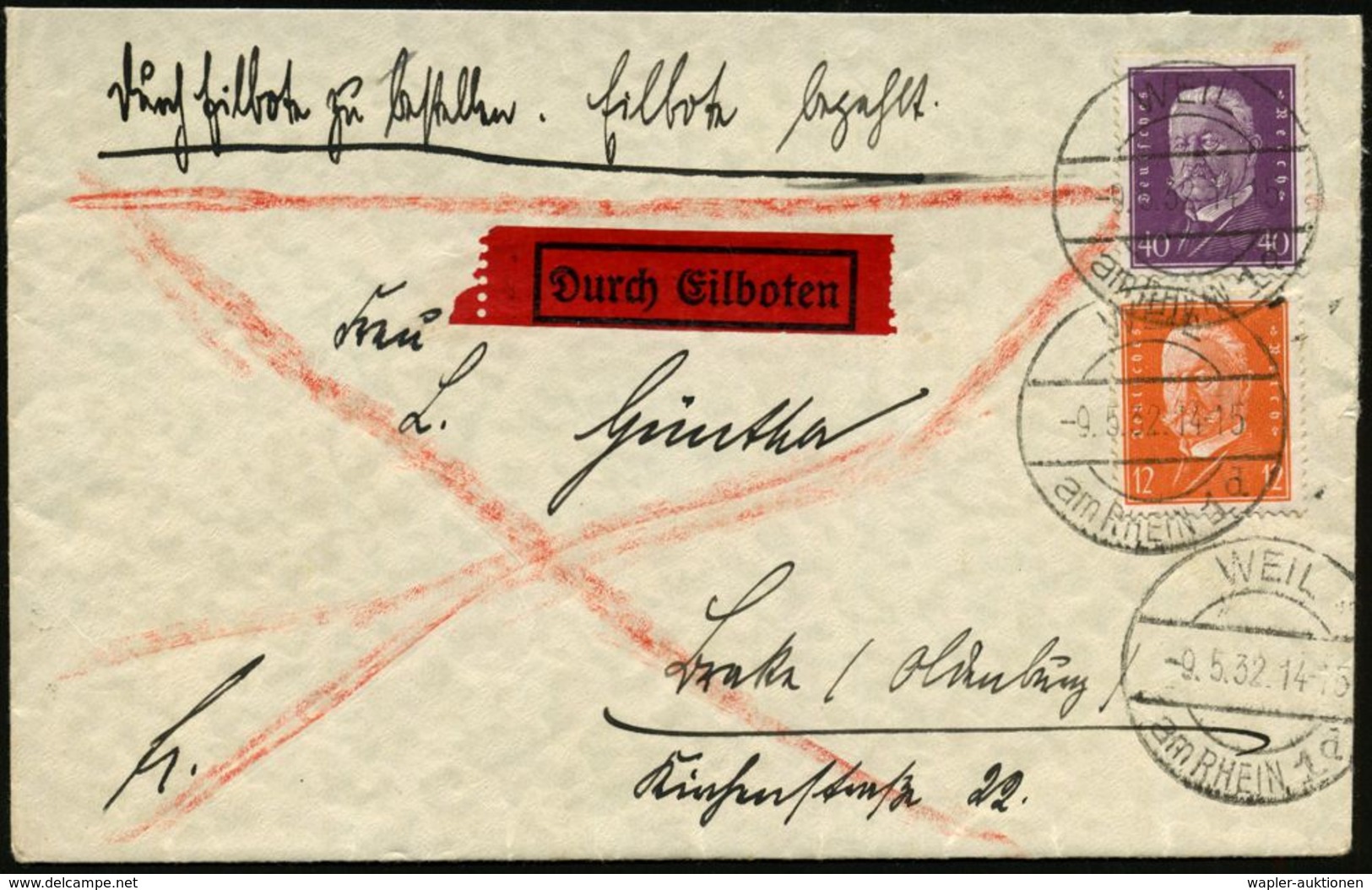 PAUL VON HINDENBURG - GENERALFELDMARSCHALL IM I. WELTKRIEG : DEUTSCHES REICH 1932 (9.5.) 1K-Brücke: WEIL/am RHEIN 1/d Au - Other & Unclassified