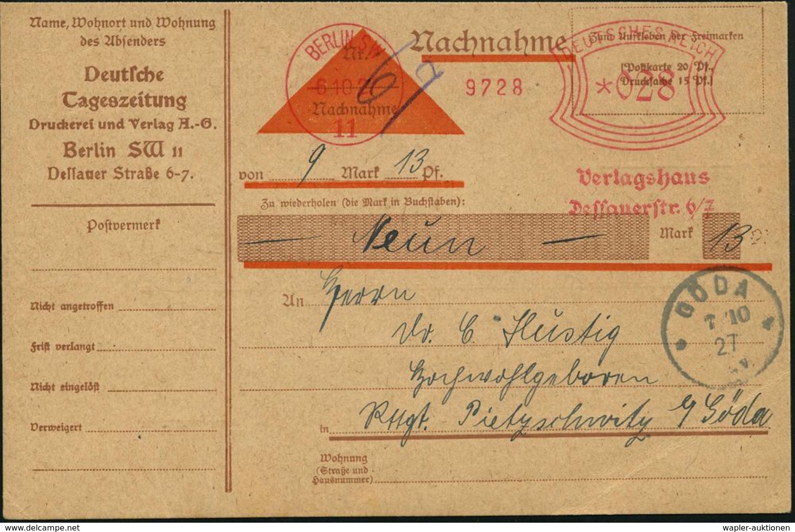 NS-VORLÄUFER : BERLIN SW/ 11/ Verlagshaus/ Dessauerstr.6-7 1927 (6.10.) AFS 028 Pf. = Verlag "Deutsche Tageszeitung", Re - Sonstige & Ohne Zuordnung