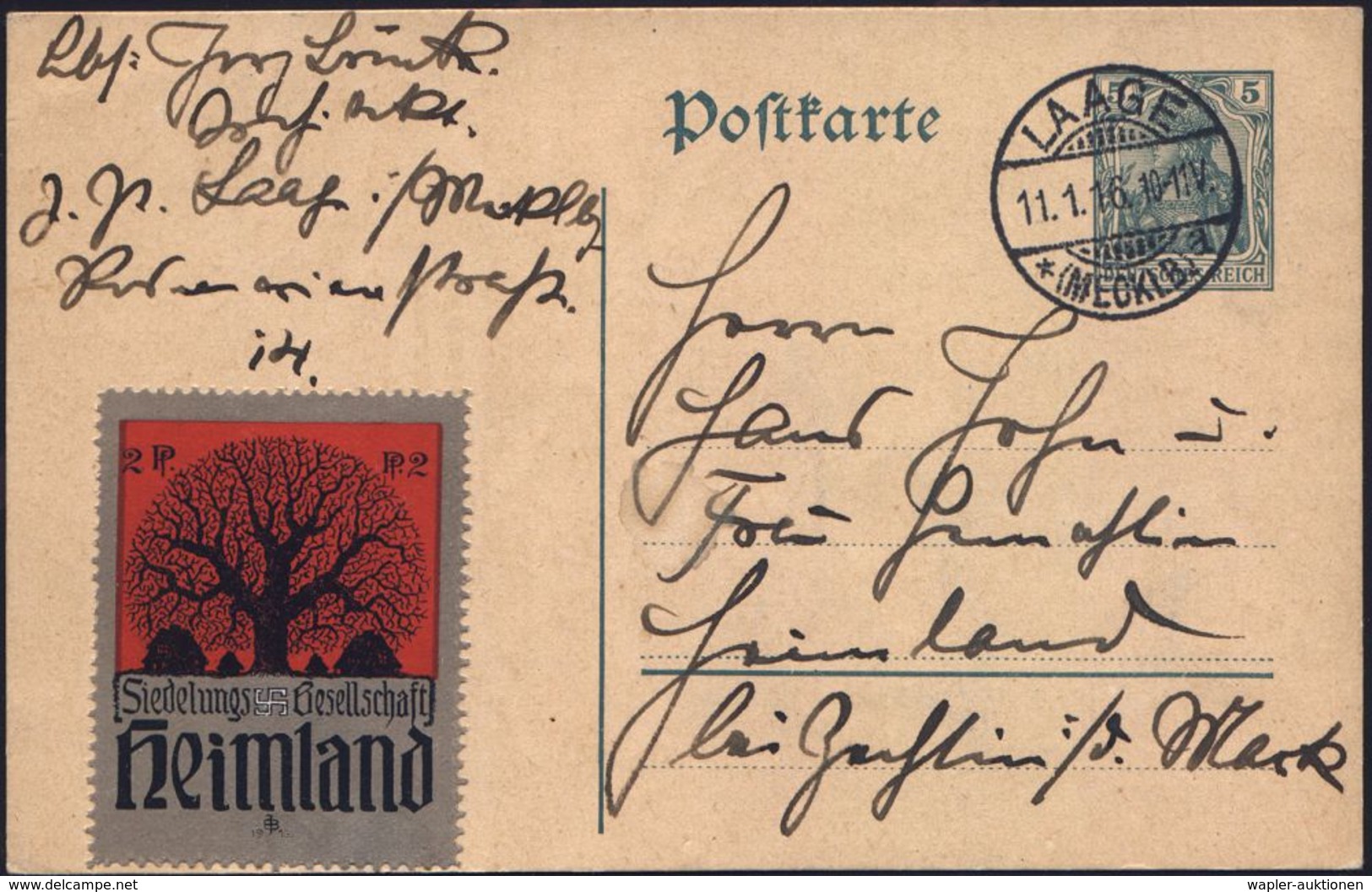 NS-VORLÄUFER : LAAGE/ *(MECKLB.)/ A 1916 (11.1.) 1K-Gitter Auf Inl.-P 96 + Propaganda-Spedenmarke 2 Pf.: Siedlungs-Ges.  - Sonstige & Ohne Zuordnung