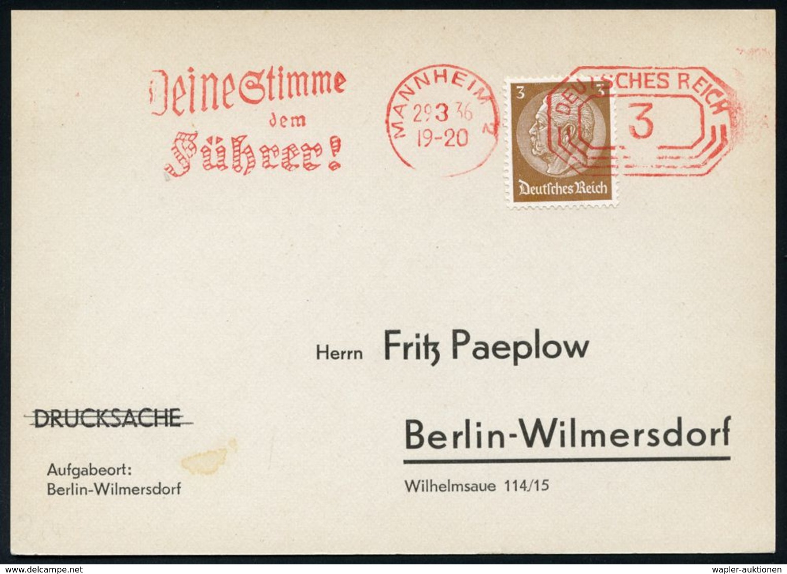 ADOLF HITLER : MANNHEIM 2/ DEUTSCHES REICH/ Deine Stimme/ Dem/ Führer! 1936 (29.3.) Seltener PFS 3 Pf. Achteck Als Vorau - Autres & Non Classés