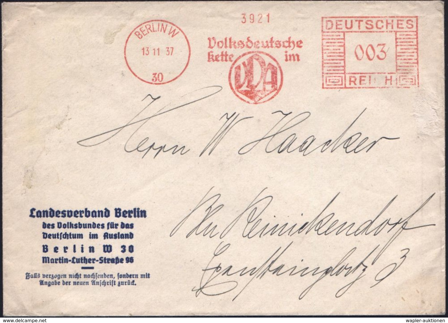 NATIONALSOZIALISMUS / III. REICH 1933 - 1945 : BERLIN W/ 30/ Volksdeutsche/ Kette Im/ VDA 1937 (13.11.) AFS (Monogr.-Log - Sonstige & Ohne Zuordnung