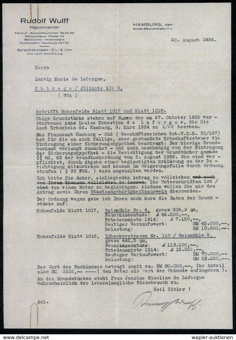 NATIONALSOZIALISMUS / III. REICH 1933 - 1945 : Hamburg 1936 (21.8.) Firmen-Bf.: Rudolf Wulff Hausmakler + Inhalt: 2 Brie - Other & Unclassified