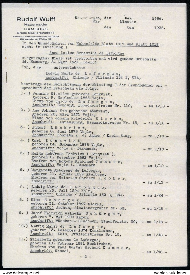 NATIONALSOZIALISMUS / III. REICH 1933 - 1945 : Hamburg 1936 (21.8.) Firmen-Bf.: Rudolf Wulff Hausmakler + Inhalt: 2 Brie - Autres & Non Classés