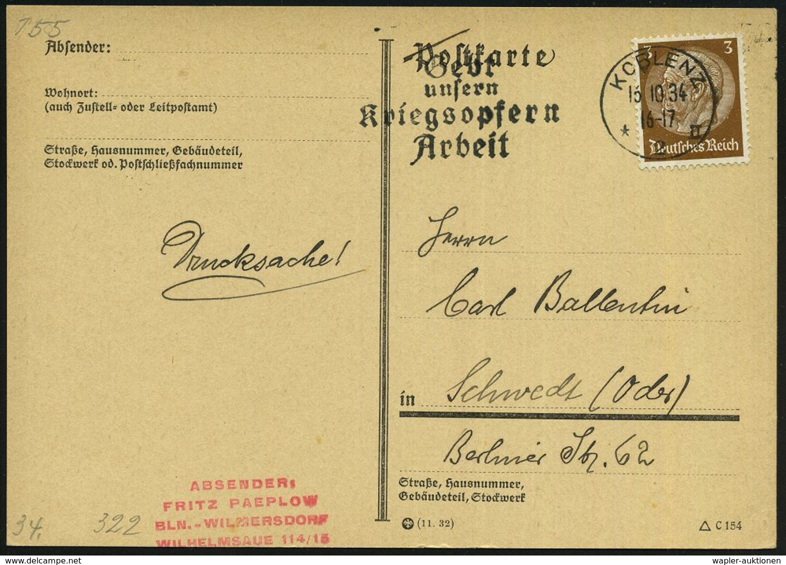 NATIONALSOZIALISMUS / III. REICH 1933 - 1945 : KOBLENZ/ *2II/ Gebt/ Unsern/ Kriegsopfern/ Arbeit 1934 (16.10.) Seltener  - Autres & Non Classés
