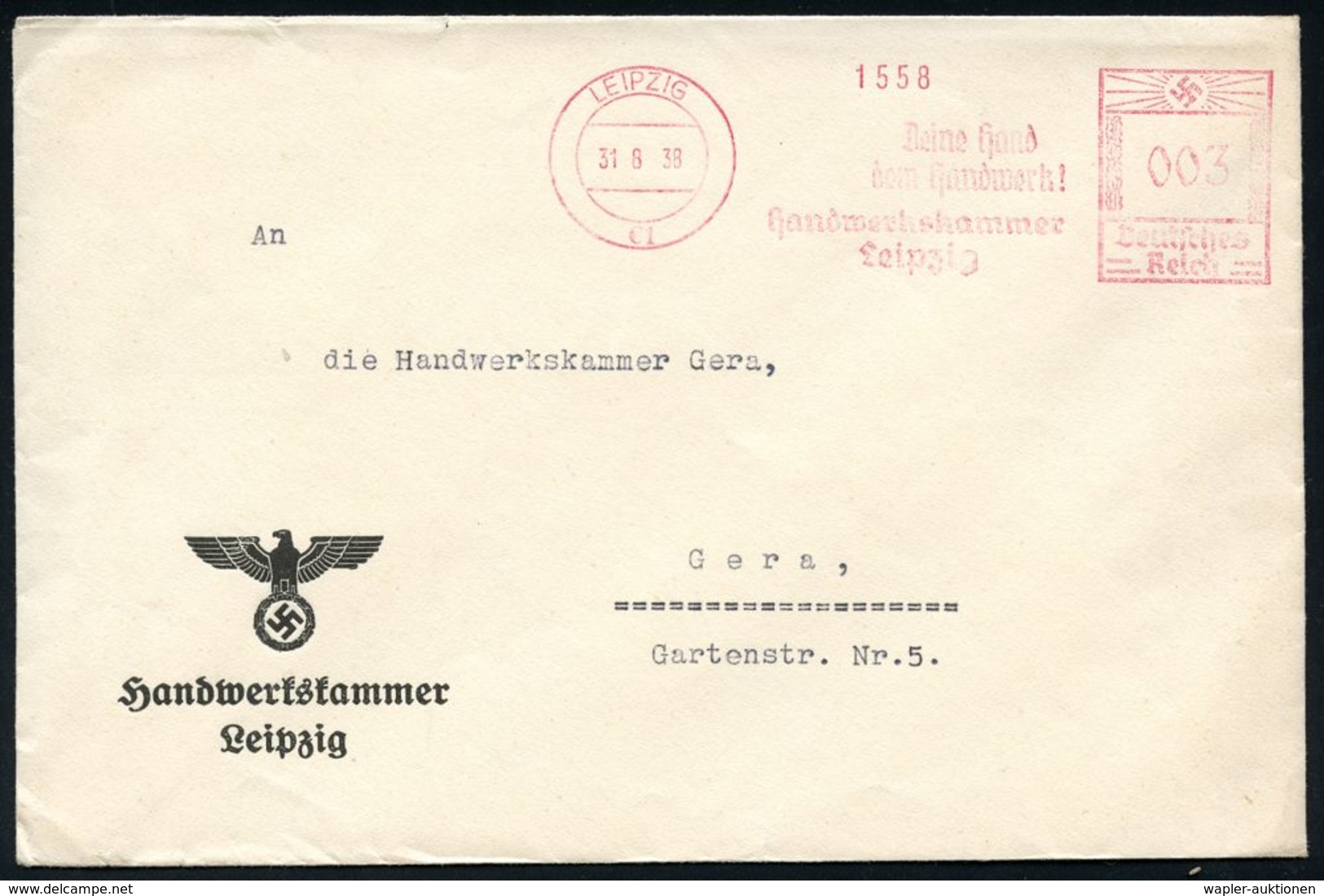 NATIONALSOZIALISMUS / III. REICH 1933 - 1945 : LEIPZIG/ C1/ Deine Hand/ Dem Handwerk!/ Handwerkskammer 1938 (31.8.) Apti - Autres & Non Classés