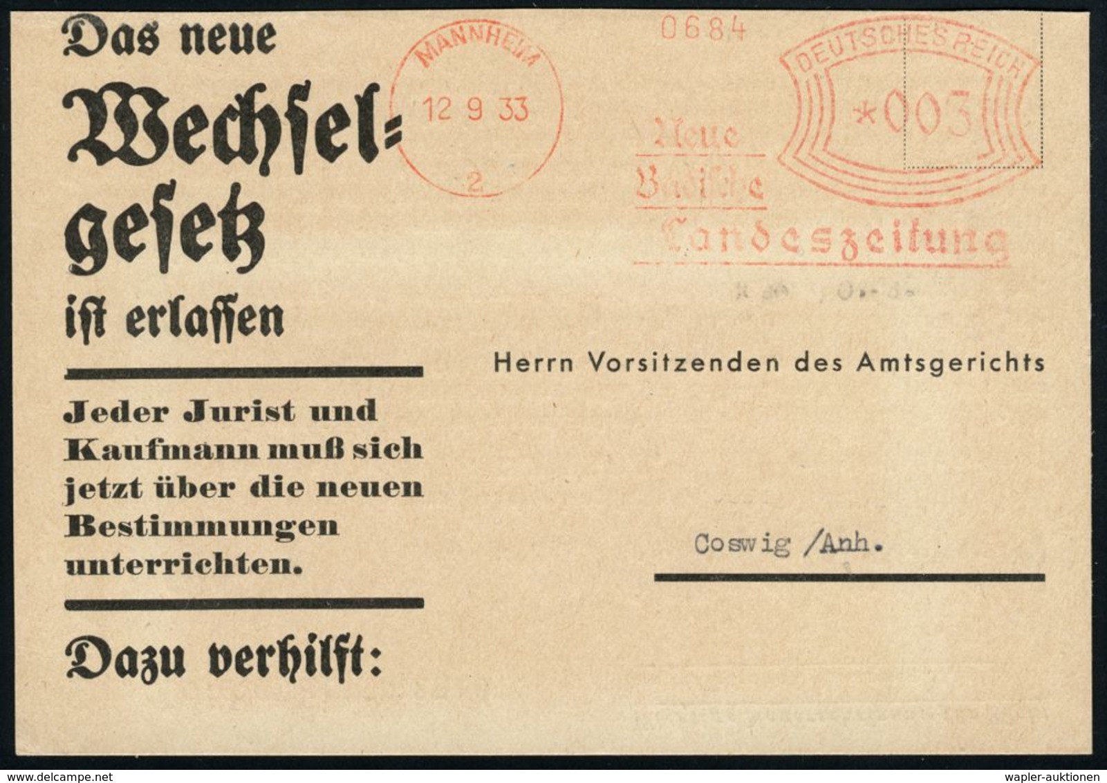 NATIONALSOZIALISMUS / III. REICH 1933 - 1945 : MANNHEIM/ 2/ Neue/ Badische/ Landeszeitung 1933 (12.9.) AFS Auf (halber)  - Autres & Non Classés