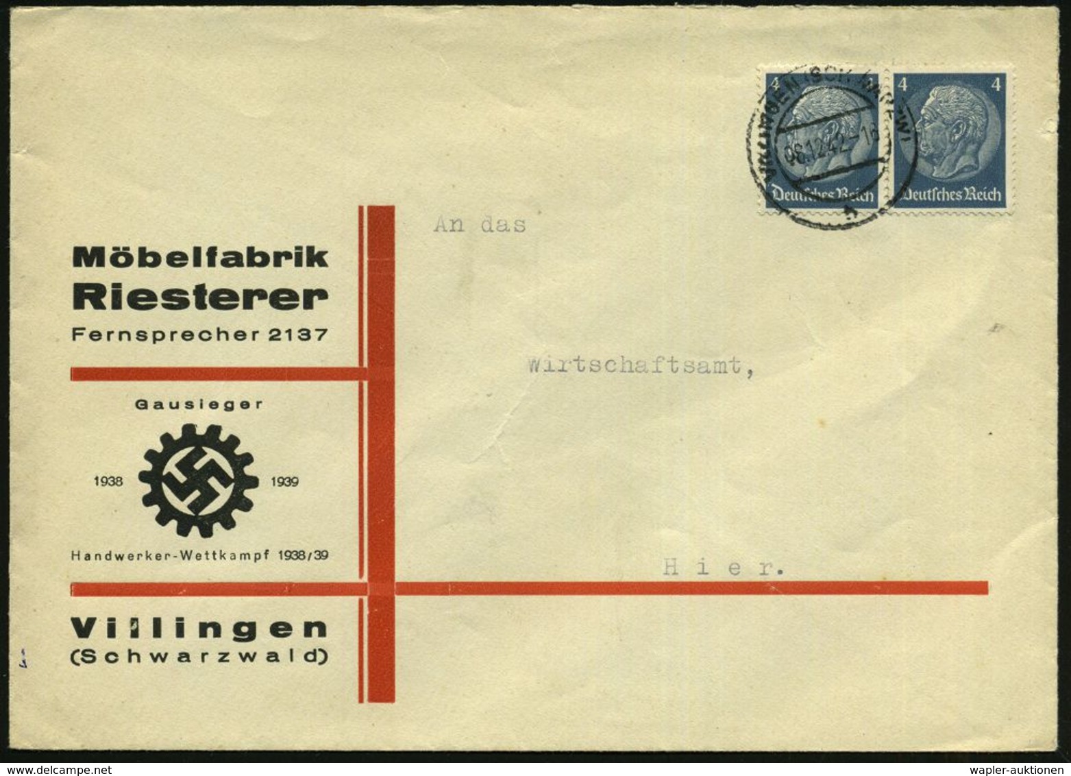 NATIONALSOZIALISMUS / III. REICH 1933 - 1945 : VILLINGEN (SCHWARZW)/ B 1942 (8.12.) 2K-Steg Auf Dekorat. NS-Firmen-Bf.:  - Autres & Non Classés