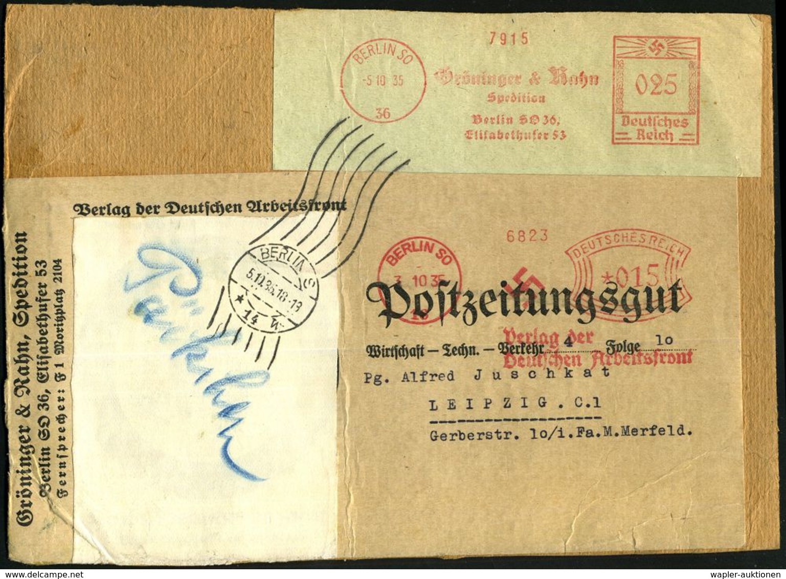 DIE NS-PRESSE / NS-ZEITUNGEN / NS-VERLAGE : BERLIN SO/ 16/ Verlag Der Deutschen Arbeitsfront 1935 (3.10.) AFS 015 Pf. =  - Other & Unclassified