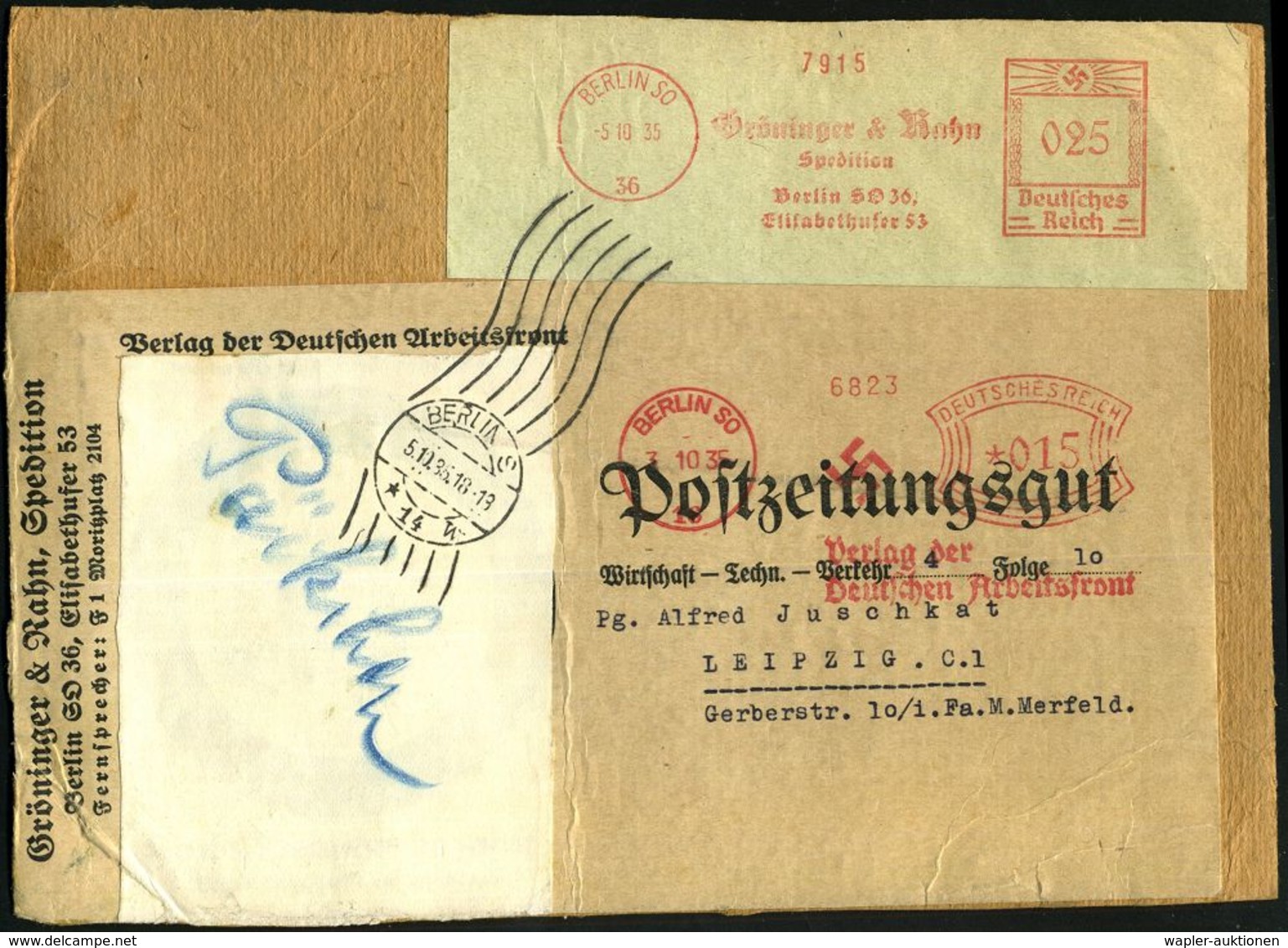 DIE NS-PRESSE / NS-ZEITUNGEN / NS-VERLAGE : BERLIN SO/ 16/ Verlag Der Deutschen Arbeitsfront 1935 (3.10.) AFS 015 Pf. =  - Autres & Non Classés