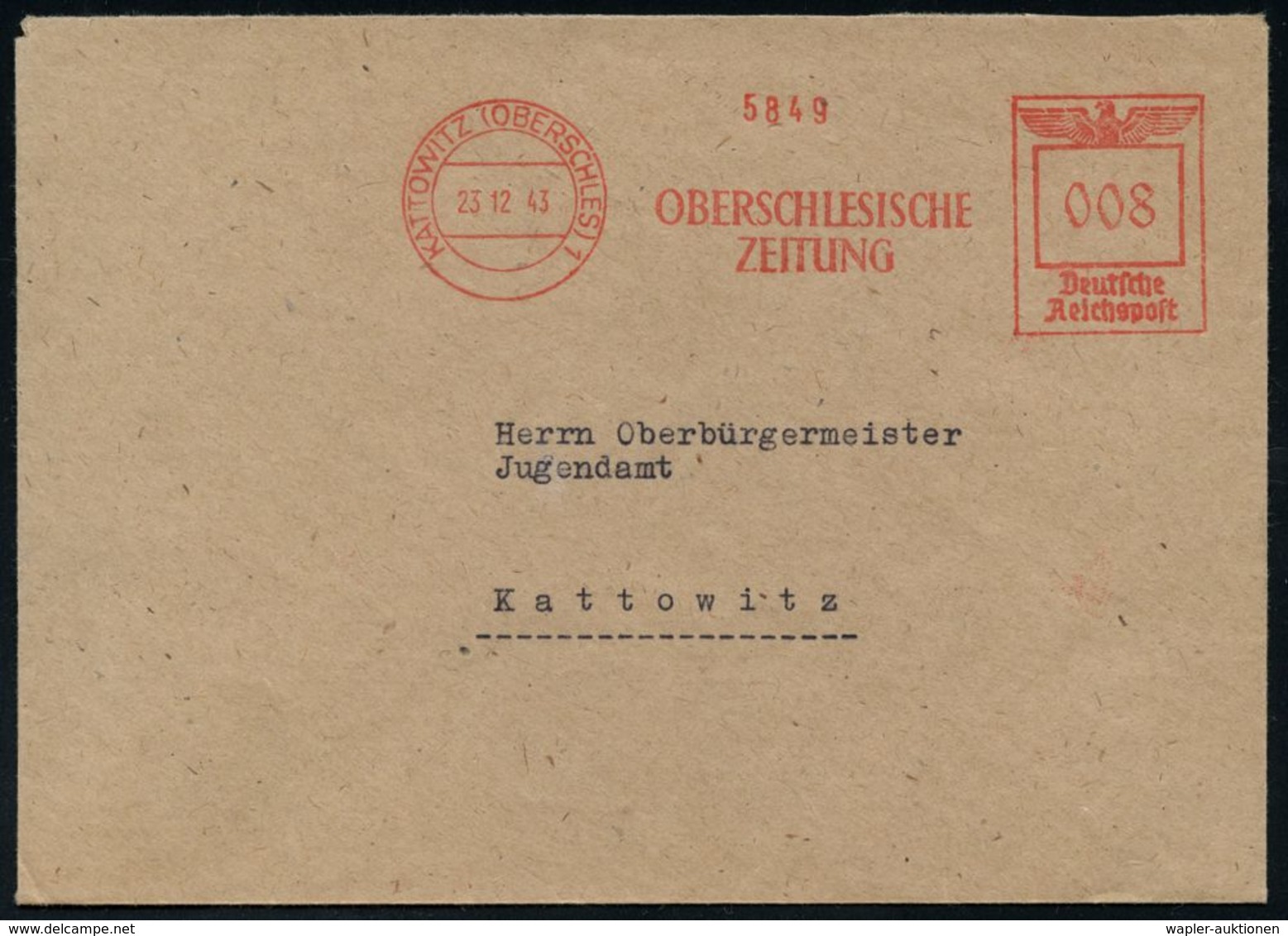 DIE NS-PRESSE / NS-ZEITUNGEN / NS-VERLAGE : KATTOWITZ (OBERSCHLES) 1/ OBERSCHLESISCHE/ ZEITUNG 1943 (23.12.) Seltener AF - Autres & Non Classés