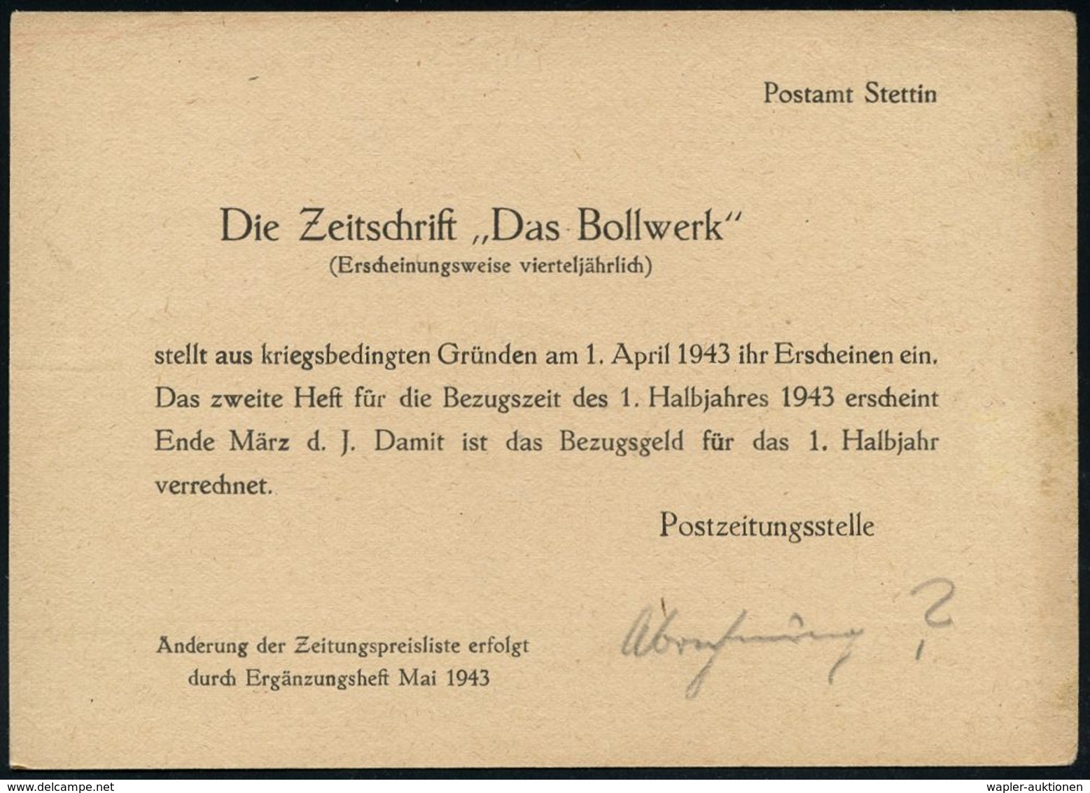 DIE NS-PRESSE / NS-ZEITUNGEN / NS-VERLAGE : STETTIN/ 1/ Pommersche/ Zeitung/ Amtl.NS-Zeitung.. 1943 (26.3.) AFS 003 Pf.  - Other & Unclassified