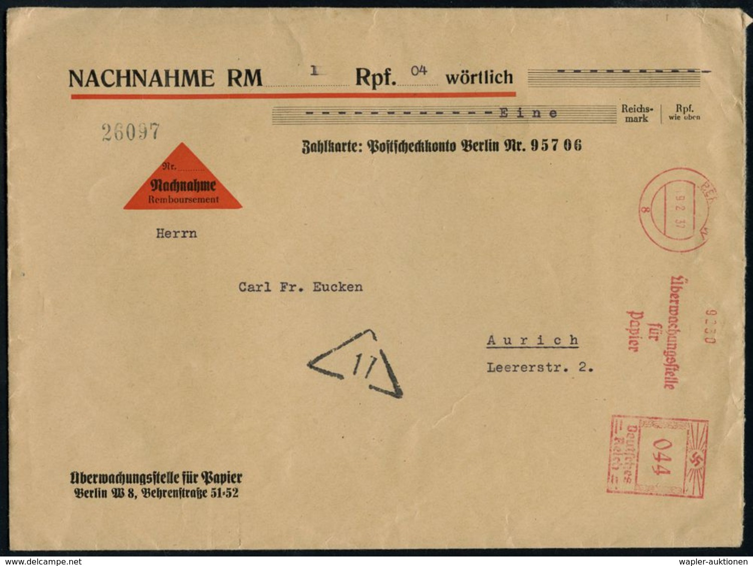 NS-INSTITUTIONEN & ORGANISATIONEN : BERLIN W/ 8/ Überwachungsstelle/ Für/ Papier 1937 (9.2.) AFS 044 Pf. Auf Gr. NN-Dien - Sonstige & Ohne Zuordnung