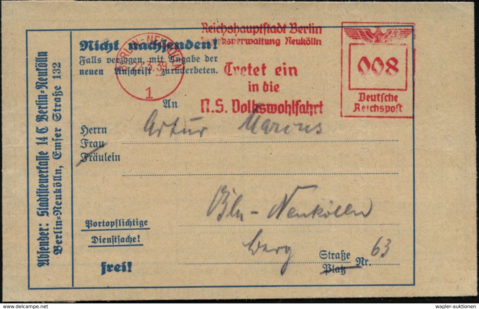 NS-INSTITUTIONEN & ORGANISATIONEN : BERLIN-NEUKÖLLN/ 1/ Reichshauptstadt Berlin/ ..Tretet Ein/ In Die/ N.S. Volkswohlfah - Sonstige & Ohne Zuordnung