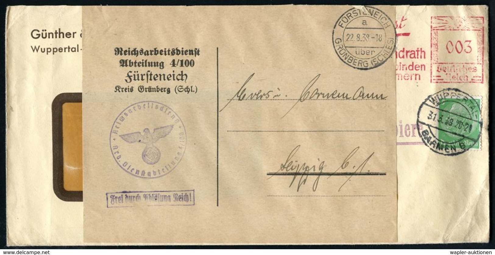NS-INSTITUTIONEN & ORGANISATIONEN : FÜRSTENEICH/ A/ über/ GRÜNBERG (SCHLES) 1938 (22.8.) 2K-Steg = PSt.I Auf Notumschlag - Autres & Non Classés
