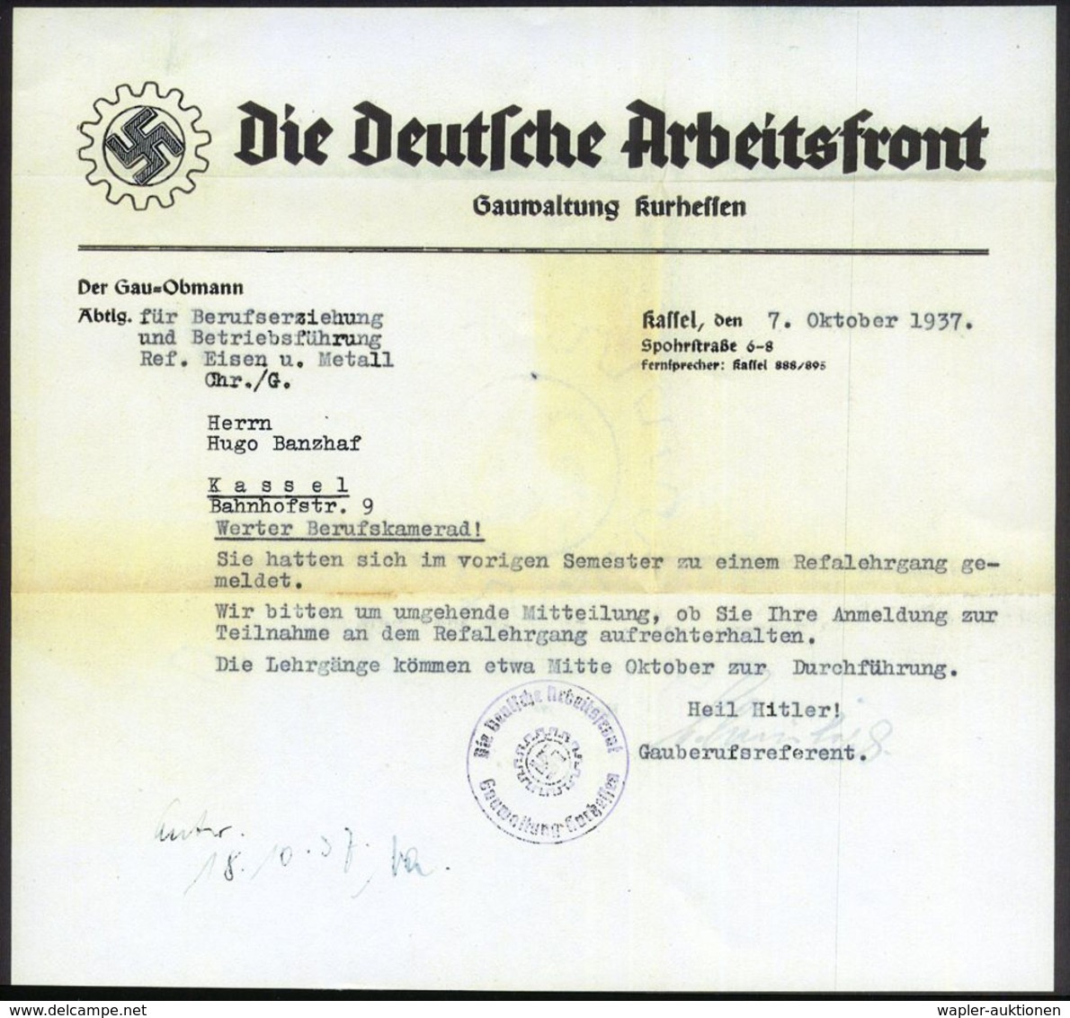 NS-INSTITUTIONEN & ORGANISATIONEN : KASSEL 1/ Die/ Deutsche Arbeitsfront/ Gauwaltung Kurhessen 1937 (7.10.) AFS = Hakenk - Other & Unclassified