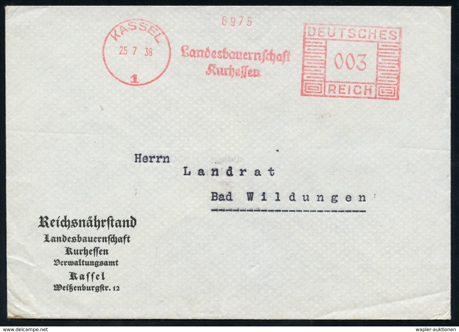 NS-INSTITUTIONEN & ORGANISATIONEN : KASSEL/ 1/ Landesbauernschaft/ Kurhessen 1938 (25.7.) AFS, Alte Form Auf Dienst-Bf.: - Sonstige & Ohne Zuordnung