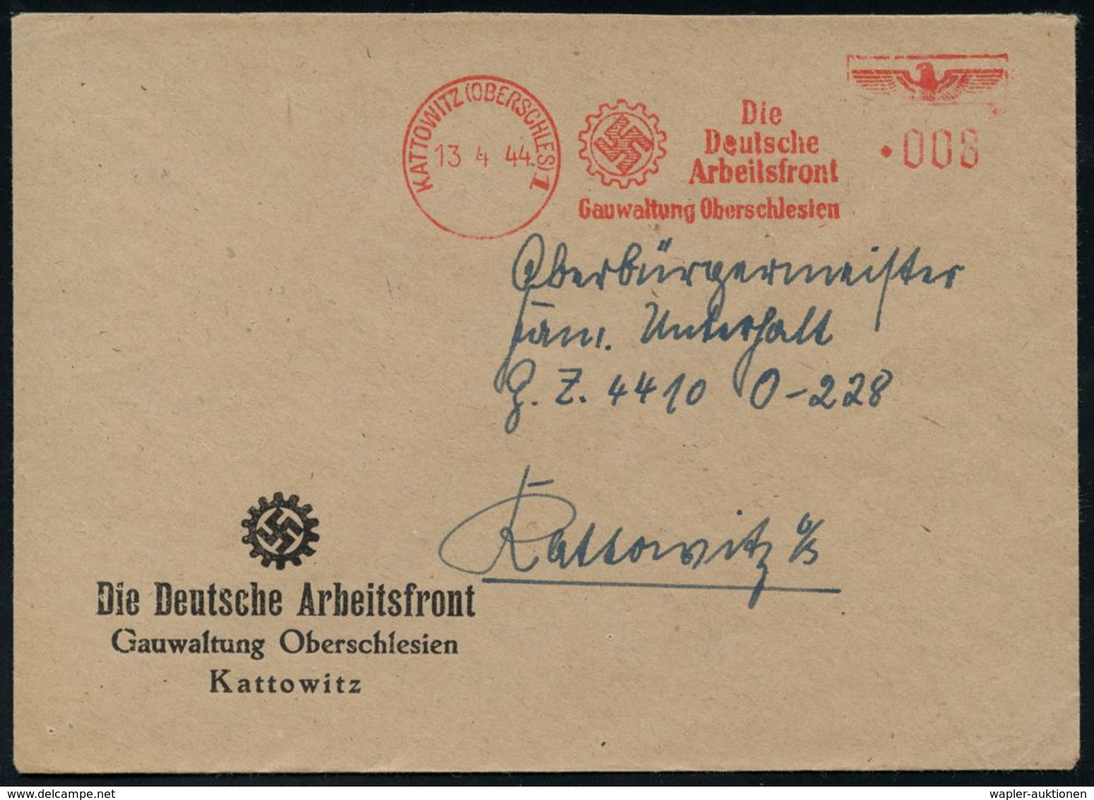 NS-INSTITUTIONEN & ORGANISATIONEN : KATTOWITZ (OBERSCHLES) 1/ Die/ Deutsche/ Arbeitsfront.. 1944 (13.4.) AFS = DAF-Logo  - Altri & Non Classificati