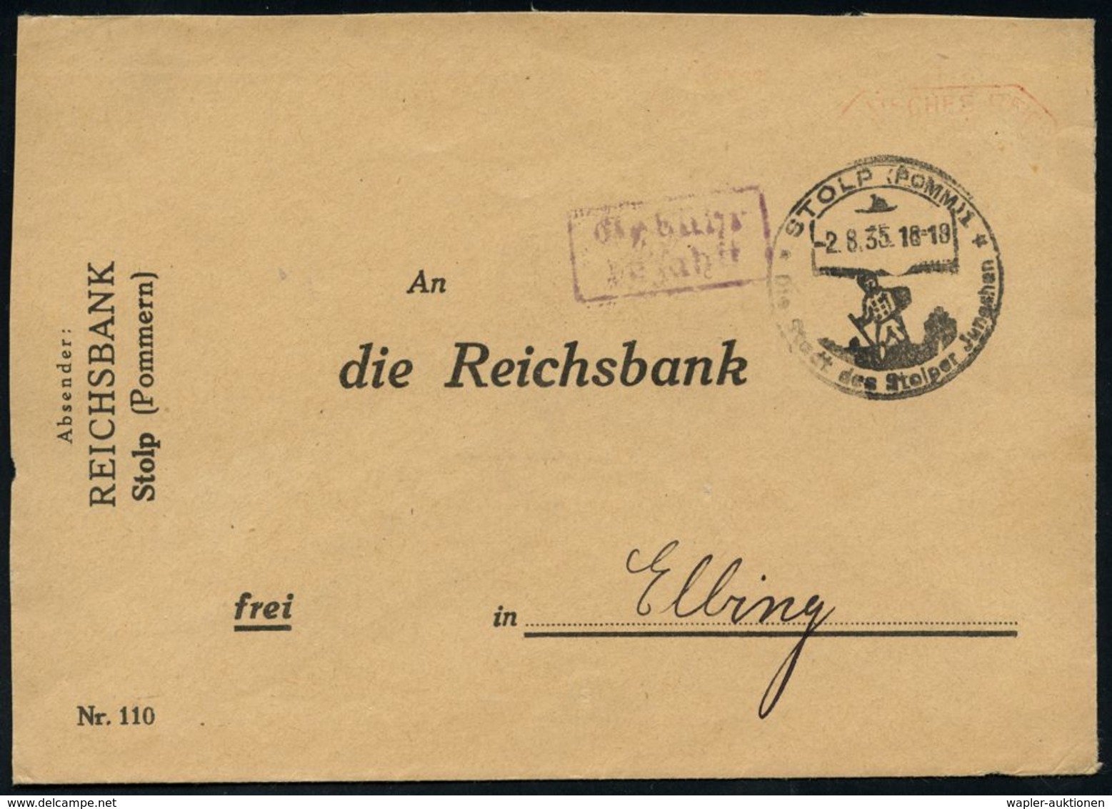 NS-INSTITUTIONEN & ORGANISATIONEN : STOLP (POMM) 1/ B/ Stadt Des Stolper Jungchen 1935 (2.8.) HWSt = Stolper Jungchen Mi - Autres & Non Classés
