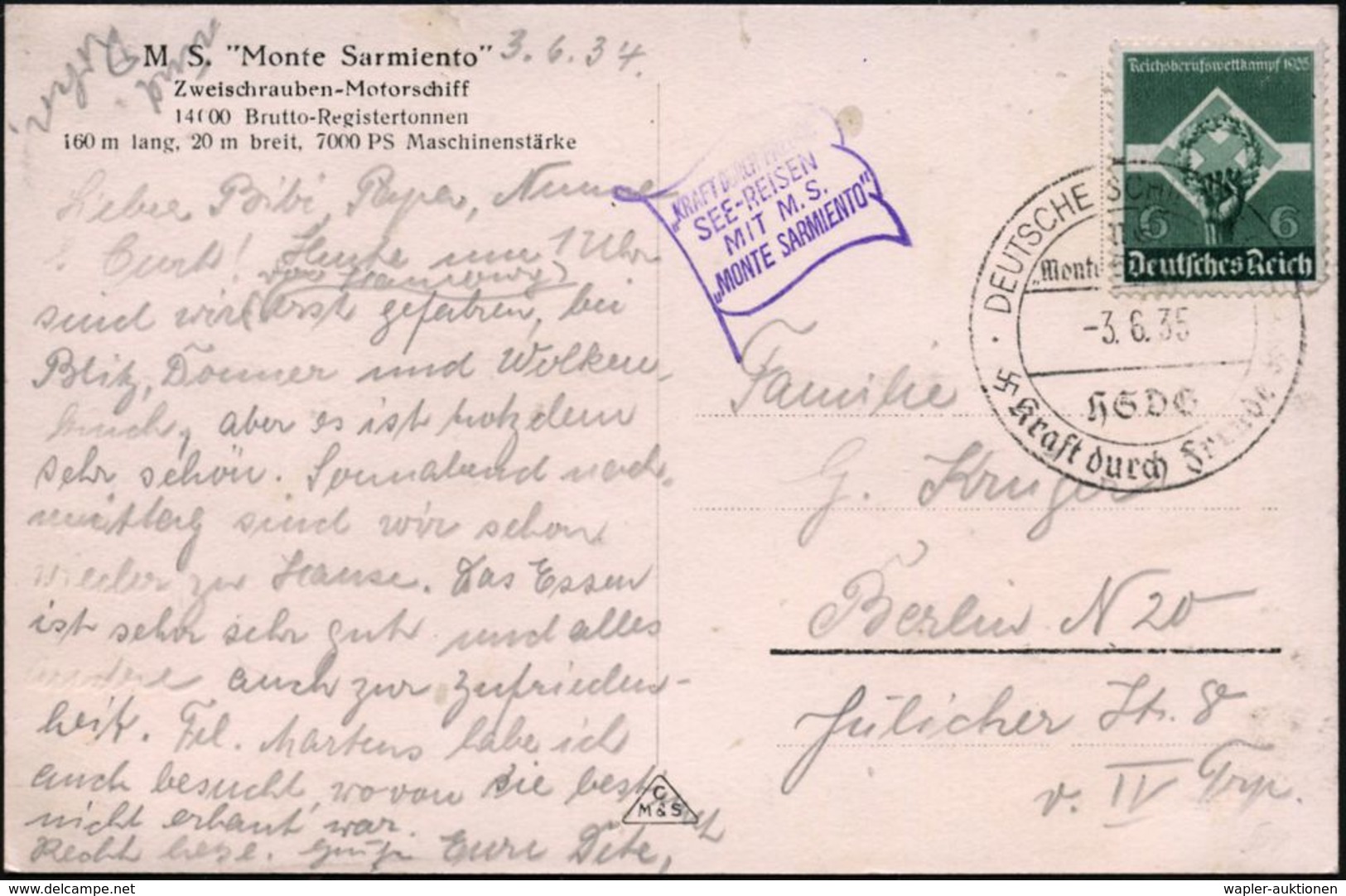 NS-INSTITUTIONEN & ORGANISATIONEN : DEUTSCHES REICH 1935 (3.6.) 2K-BPA: DEUTSCHE SCHIFFSPOST/MS/"Monte Sarmiento"HSDG/Kr - Sonstige & Ohne Zuordnung