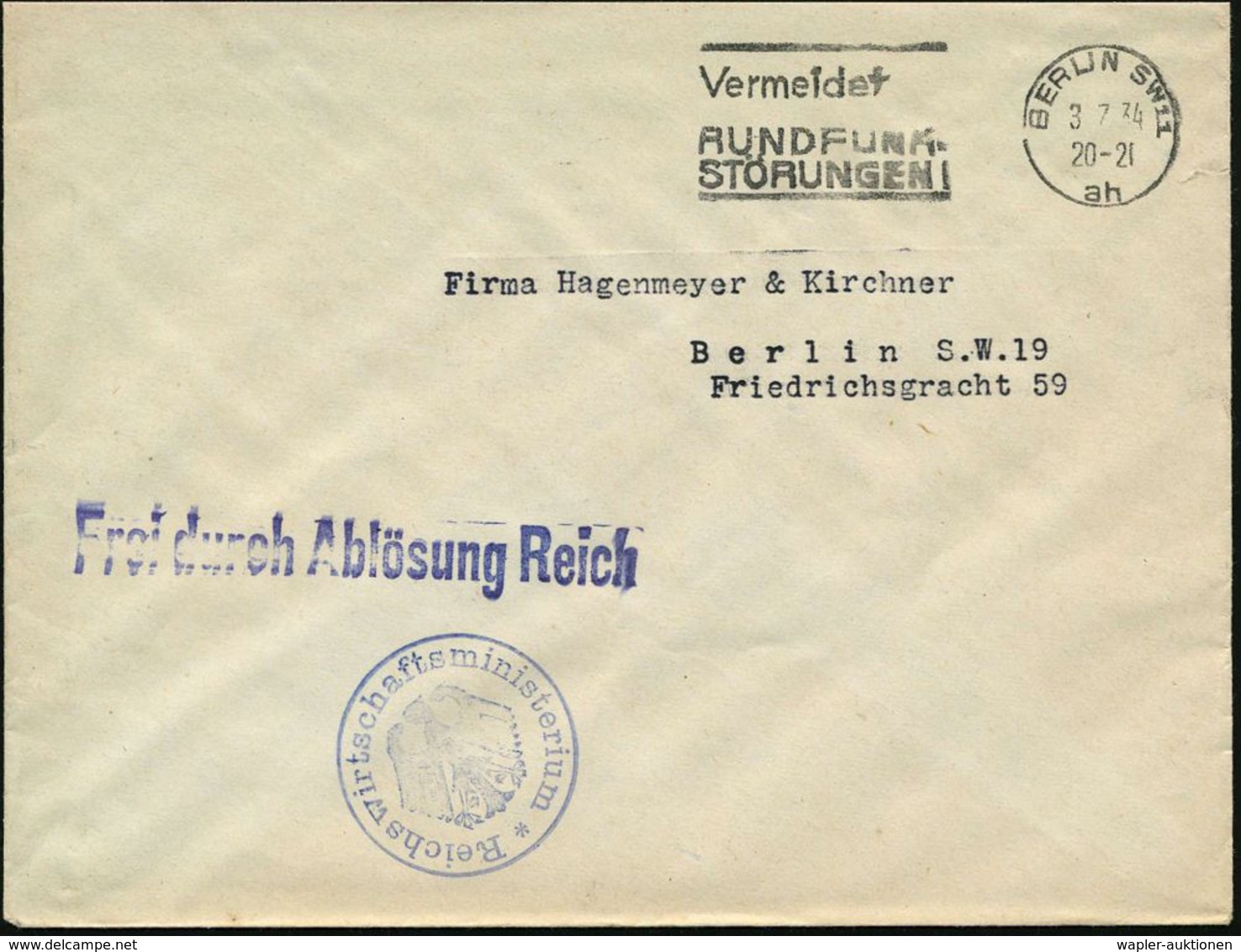 NS-MINISTERIEN 1933-45 : BERLIN SW11/ Ah/ Vermidet/ RUNDFUNK-/ STÖRUNGEN 1934 (3.7.) MWSt + Viol. 1L: FdAR + 1K-HdN: Rei - Autres & Non Classés
