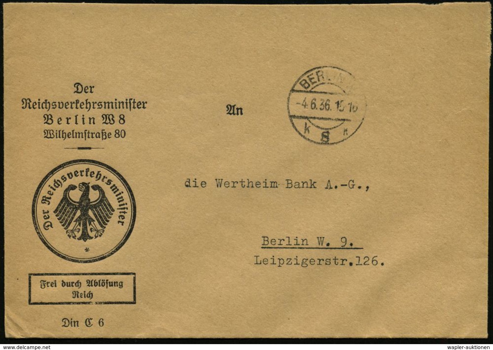 NS-MINISTERIEN 1933-45 : Berlin W 8 1936 (4.6.) Dienst-Bf.: Der Reichsverkehrsminister.. Wilhelmstraße 80../FdAR (noch W - Altri & Non Classificati