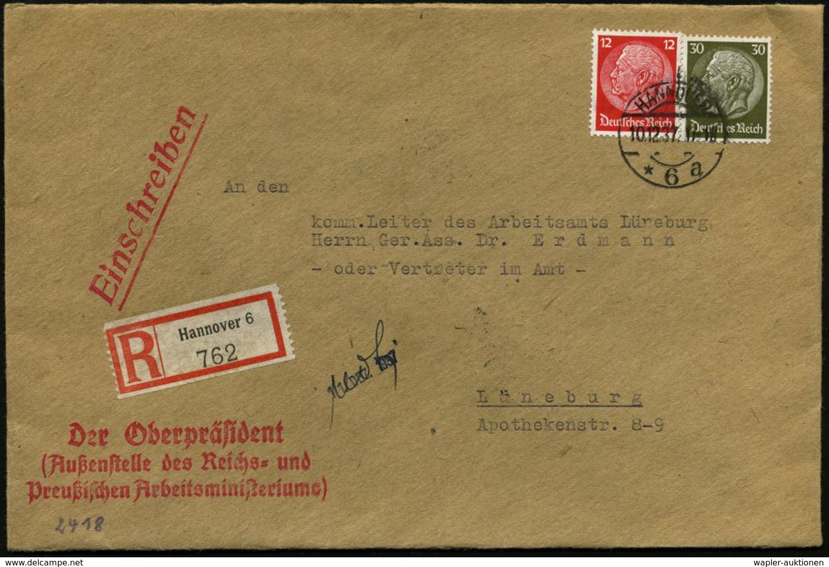 NS-MINISTERIEN 1933-45 : HANNOVER/ *6a 1937 (10.12.) 1K-Steg Auf 12 Pf. U. 30 Pf. Hindenbg. + RZ: Hannover 6 + Roter Abs - Autres & Non Classés