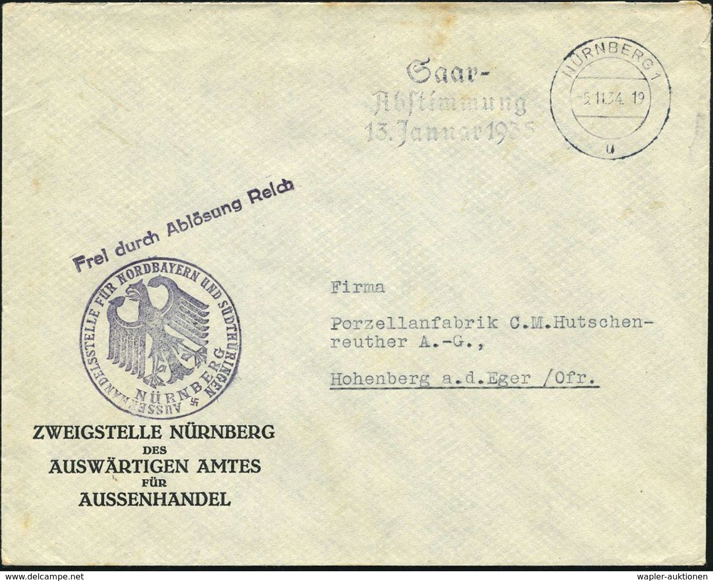 NS-MINISTERIEN 1933-45 : NÜRNBERG 1/ U/ Saar-/ Abstimmung/ 13.Januar 1935 1934 (5.11.) MWSt + Viol. 1K-HdN: AUSSENHANDEL - Other & Unclassified