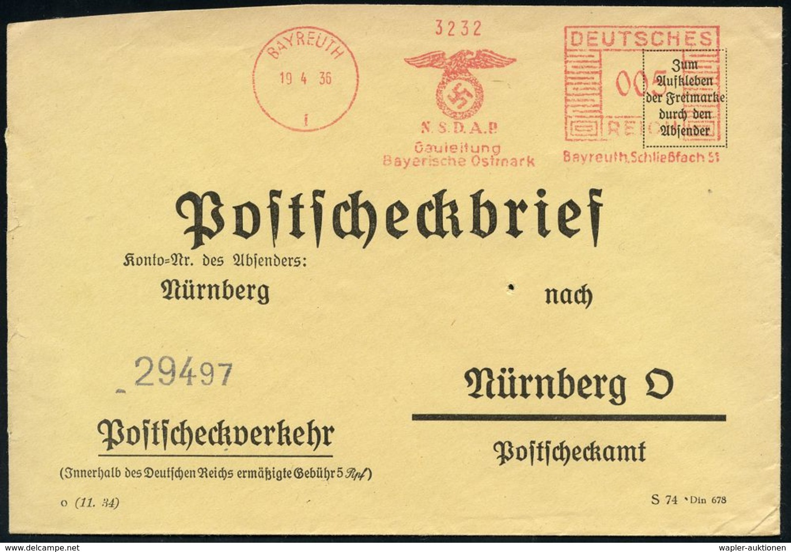 NATIONALSOZIALISTISCHE DEUTSCHE ARBEITERPARTEI / N.S.D.A.P. : BAYREUTH/ 1/ N.S.D.A.P./ Gauleitung/ Bayerische Ostmark 19 - Sonstige & Ohne Zuordnung