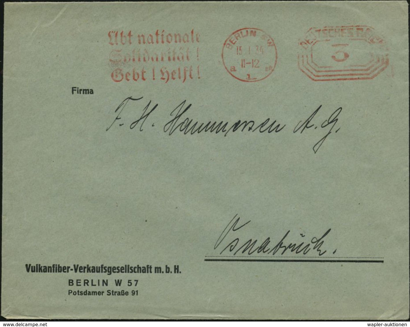 WINTERHILFSWERK / W.H.W. : BERLIN SW/ A11a/ Übt Nationale/ Solidarität!/ Gebt! Helft! 1934 (15.1.) Seltener AFS 3 Pf. Ac - Other & Unclassified