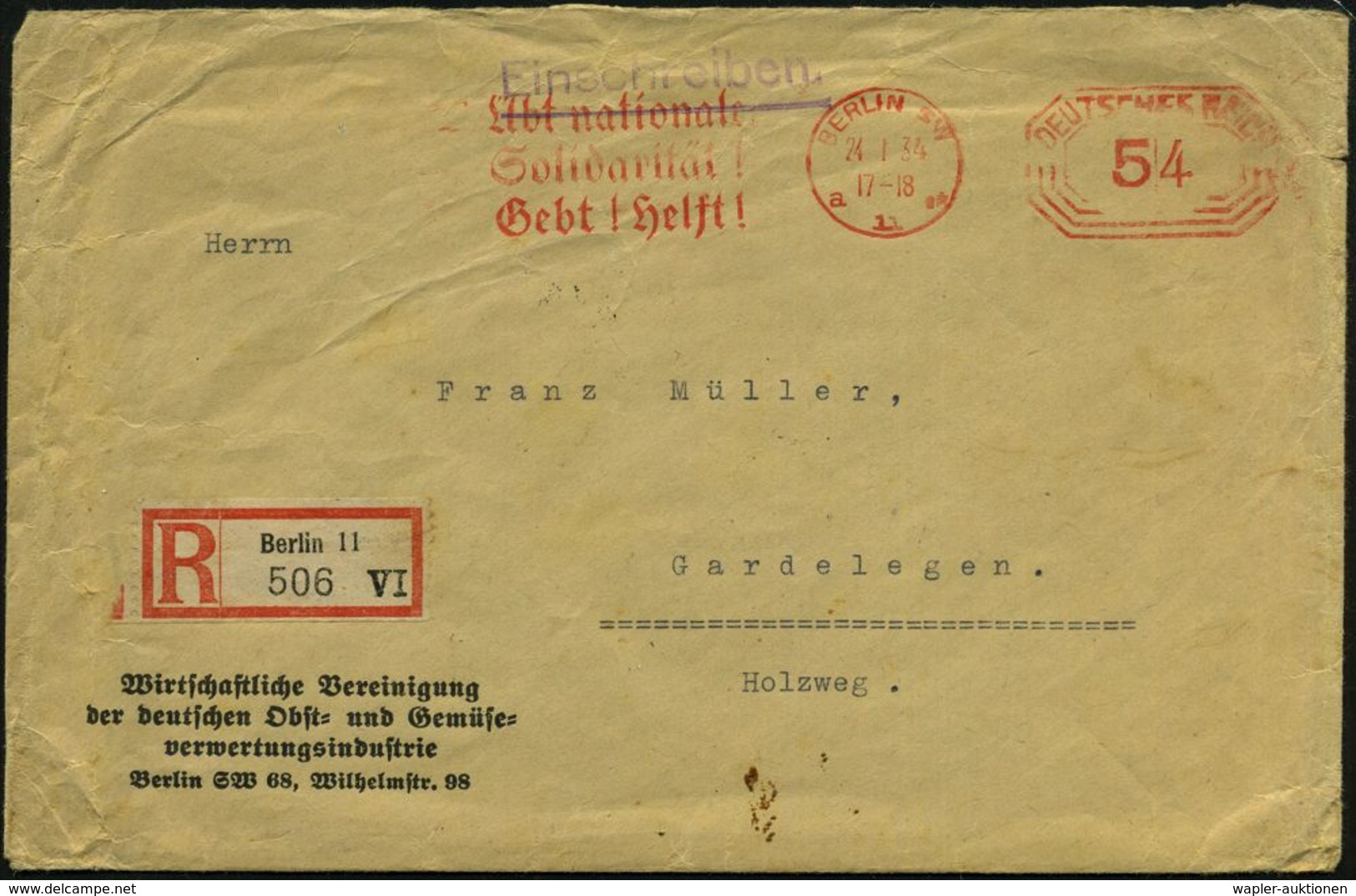 WINTERHILFSWERK / W.H.W. : BERLIN SW/ A11**/ Übt Nationale/ Solidarität!/ Gebt! Helft! 1934 (24.1.) Seltener PFS 54 Pf.  - Autres & Non Classés