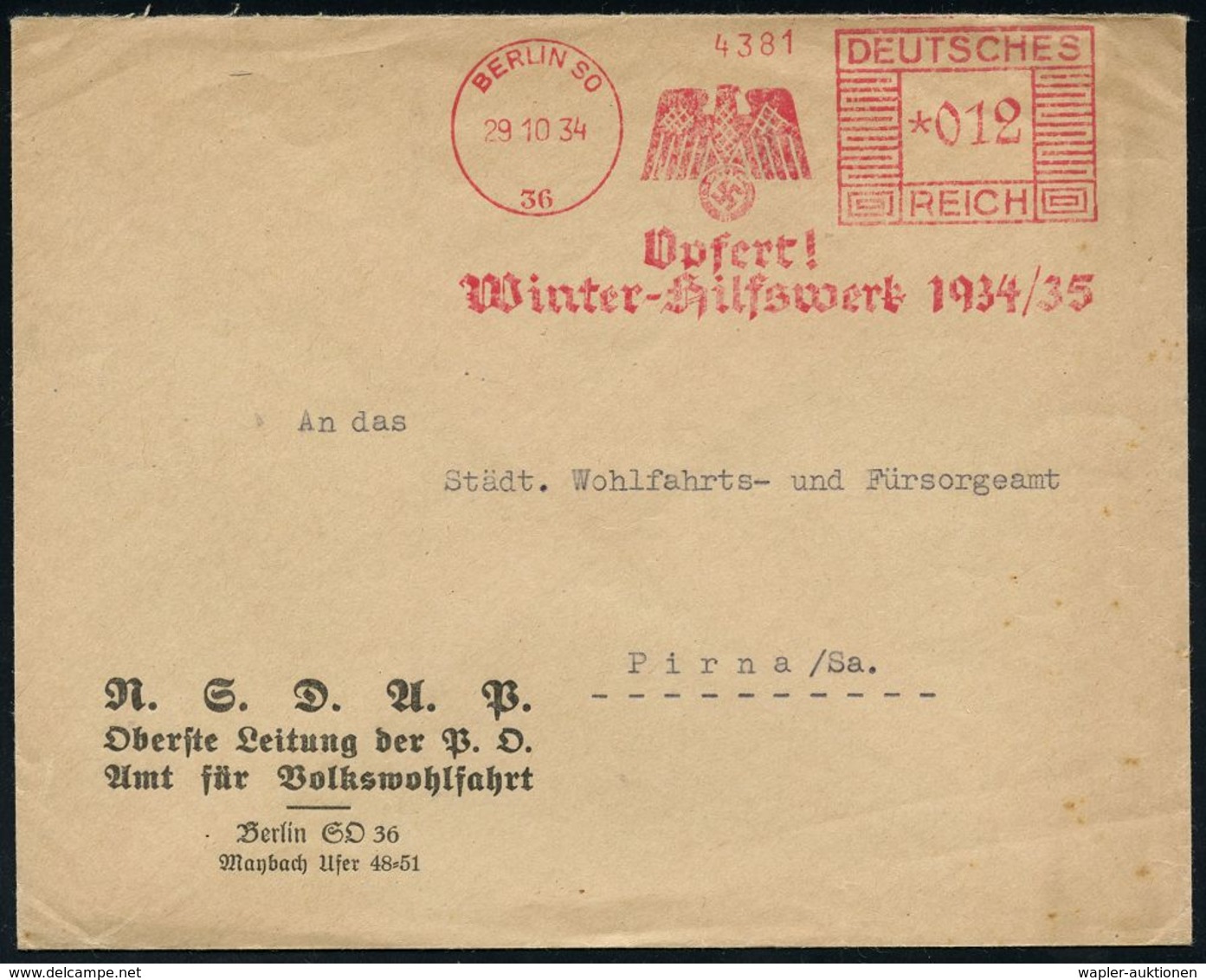 WINTERHILFSWERK / W.H.W. : BERLIN SO/ 36/ Opfert!/ Winter-Hilfswerk 1934-35 1934 (29.10.) Seltener AFS (frühes WHW-Emble - Autres & Non Classés