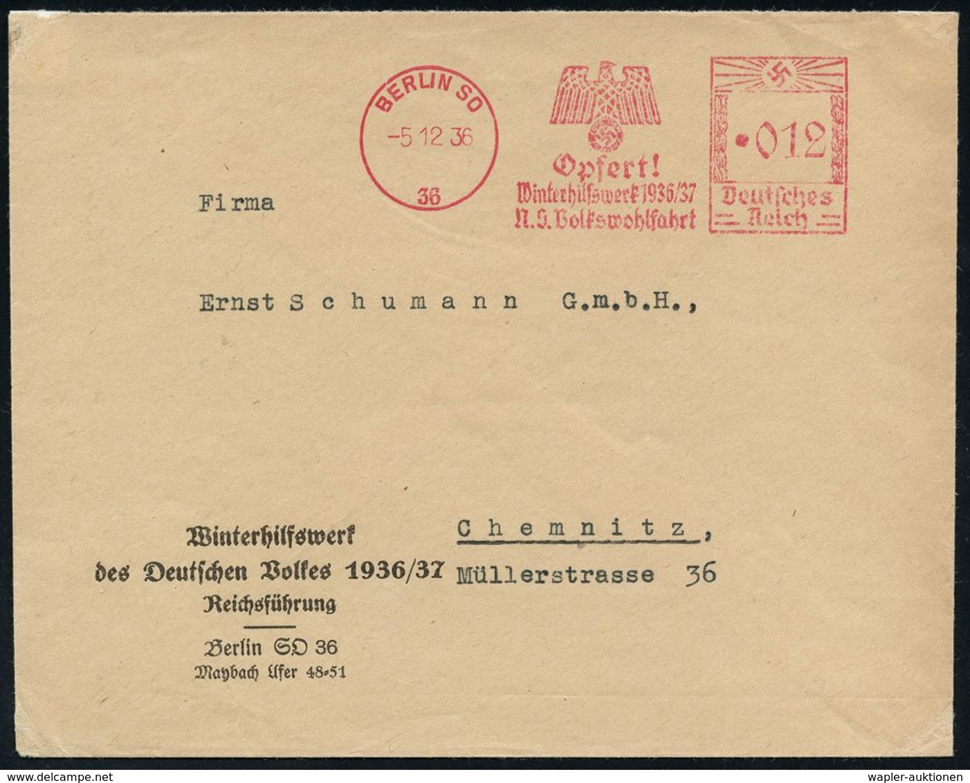 WINTERHILFSWERK / W.H.W. : BERLIN SO/ 36/ Opfert!/ Winter-Hilfswerk 1936-37 1936 (5.12.) Seltener AFS (WHW-Hakenkreuz-Ad - Other & Unclassified