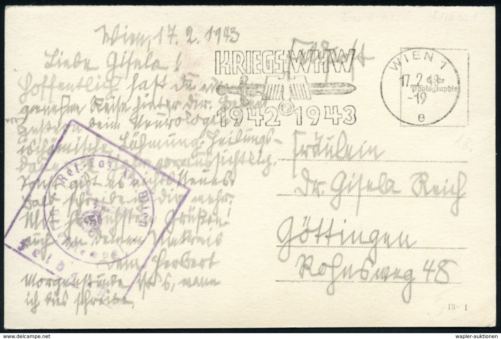 WINTERHILFSWERK / W.H.W. : WIEN 1/ E/ KRIEGS-WHW.. 1943 (17.2.) Seltener MWSt = WHW-Logo (u. Schwert) + Viol.HdN: Res. L - Autres & Non Classés