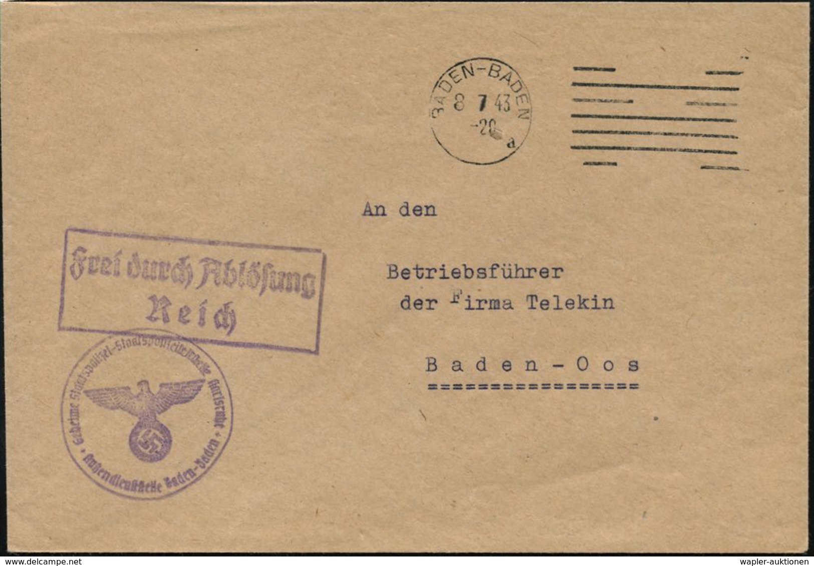 SA (STURM-ABTEILUNG) / SS (SCHUTZ-STAFFEL) & GESTAPO (GEHEIME STAATSPOLIZEI) : BADEN-BADEN/ A 1943 (8.7.) MaStrichSt. +  - Sonstige & Ohne Zuordnung