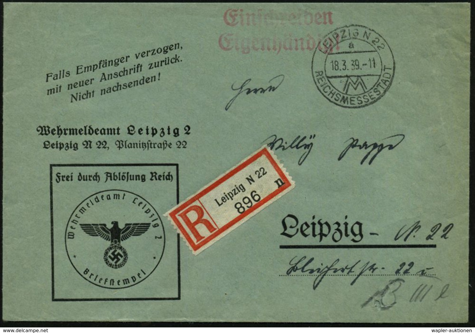 DEUTSCHE WEHRMACHT 1933 - 31. AUGUST 1939 : LEIPZIG N22/ A/ MM/ REICHSMESSESTADT 1939 (18.3.) HWSt Auf Dienst-Bf.: FdAR/ - Autres & Non Classés