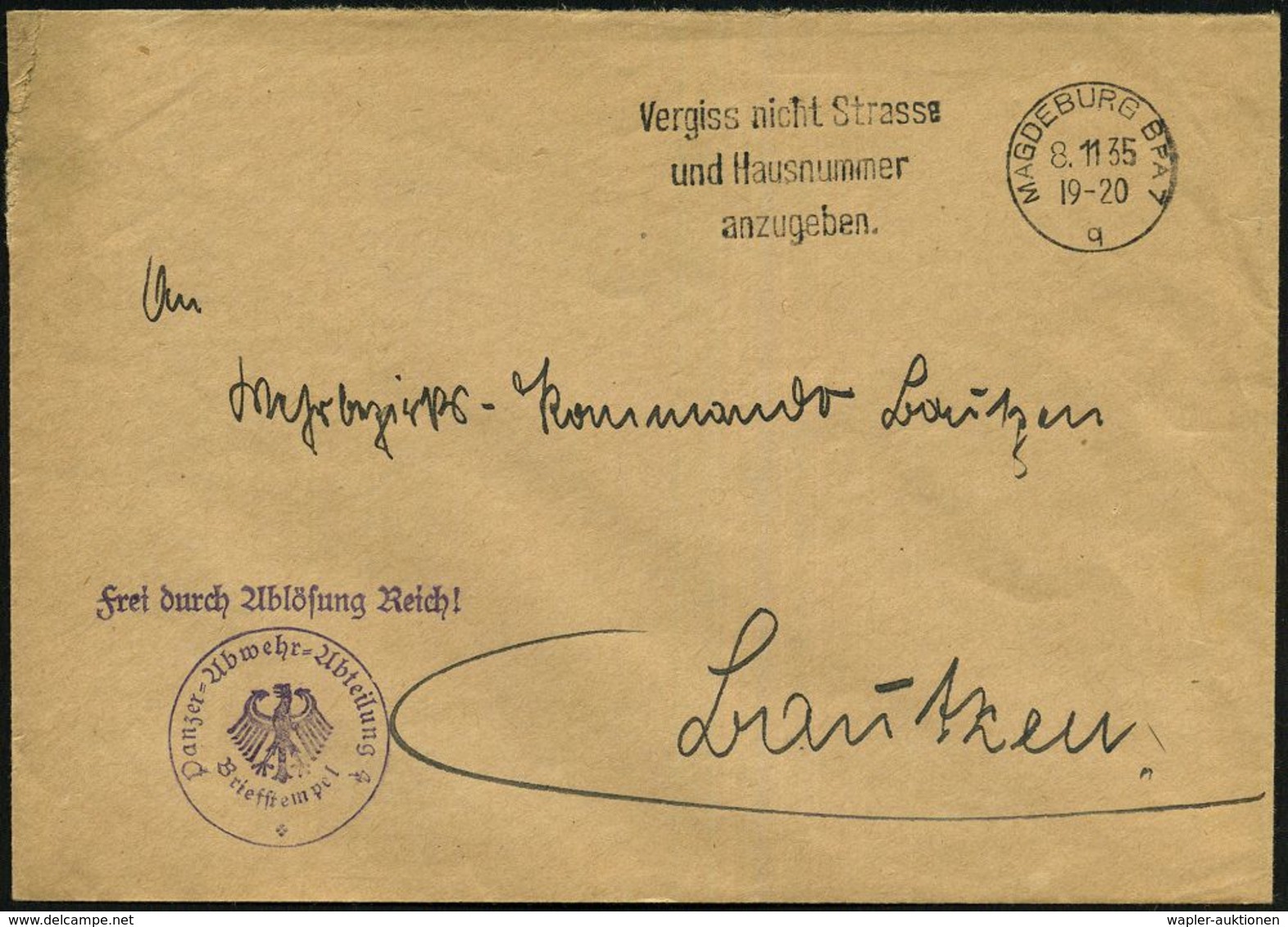 DEUTSCHE WEHRMACHT 1933 - 31. AUGUST 1939 : MAGDEBURG BPA 7/ Q/ Vergiss Nicht Strasse/ U. Hausnummer.. 1935 (8.11.) MWSt - Other & Unclassified