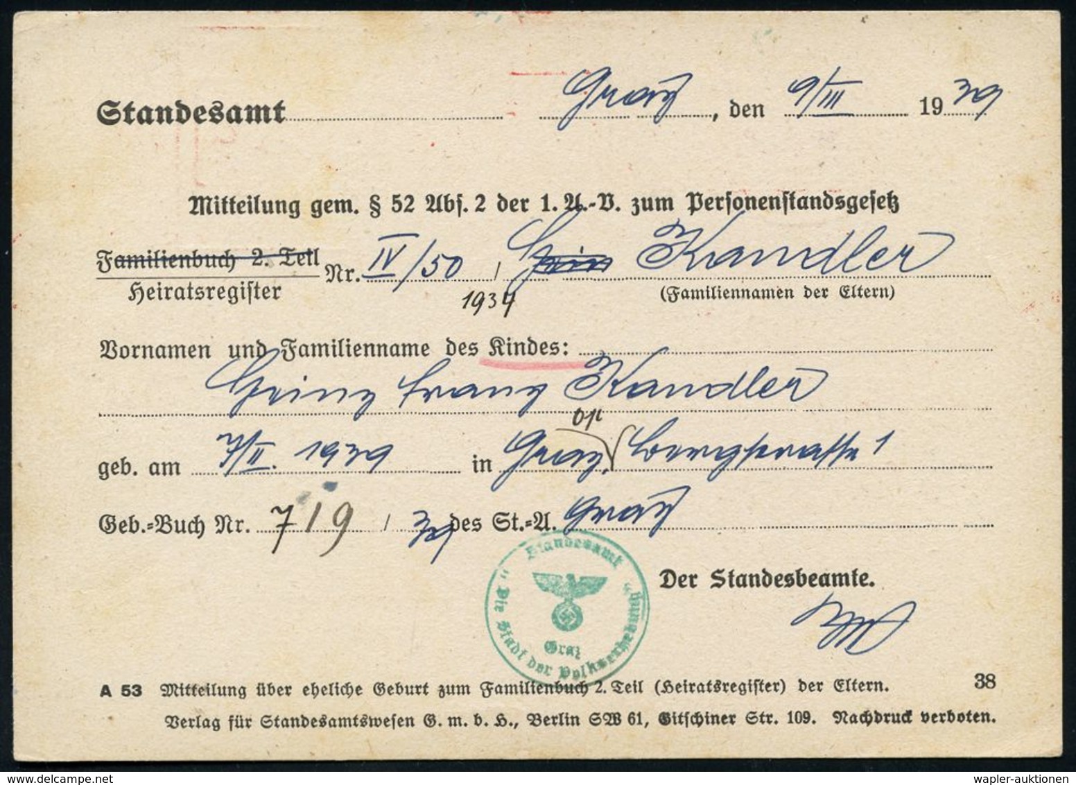 GESCHICHTE ÖSTERREICH 1938-45 / "OSTMARK" : GRAZ/ 1/ STADT DER VOLKSERHEBUNG/ Stadtverwaltung 1939 (10.3.) AFS Mit Haken - Altri & Non Classificati