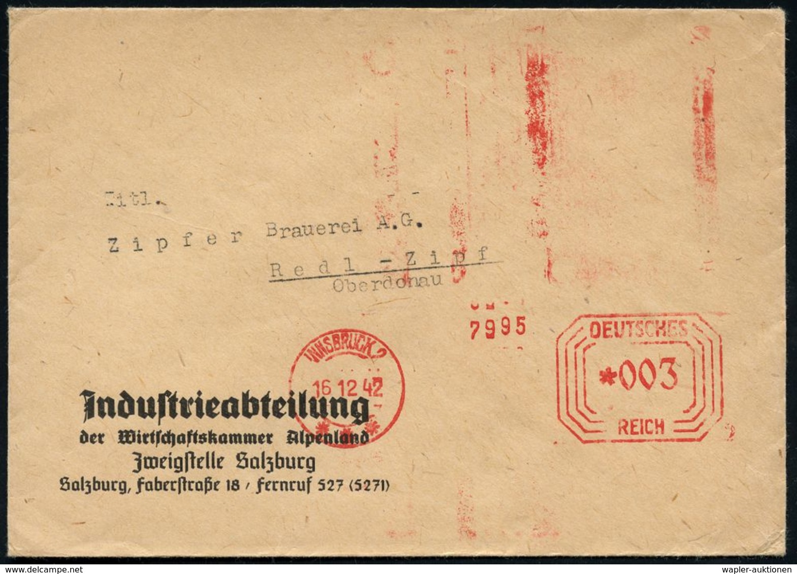 GESCHICHTE ÖSTERREICH 1938-45 / "OSTMARK" : INNSBRUCK 2/ ***/ DEUTSCHES/ REICH 1942 (16.12.) Seltener PFS 003 Pf. Achtec - Sonstige & Ohne Zuordnung